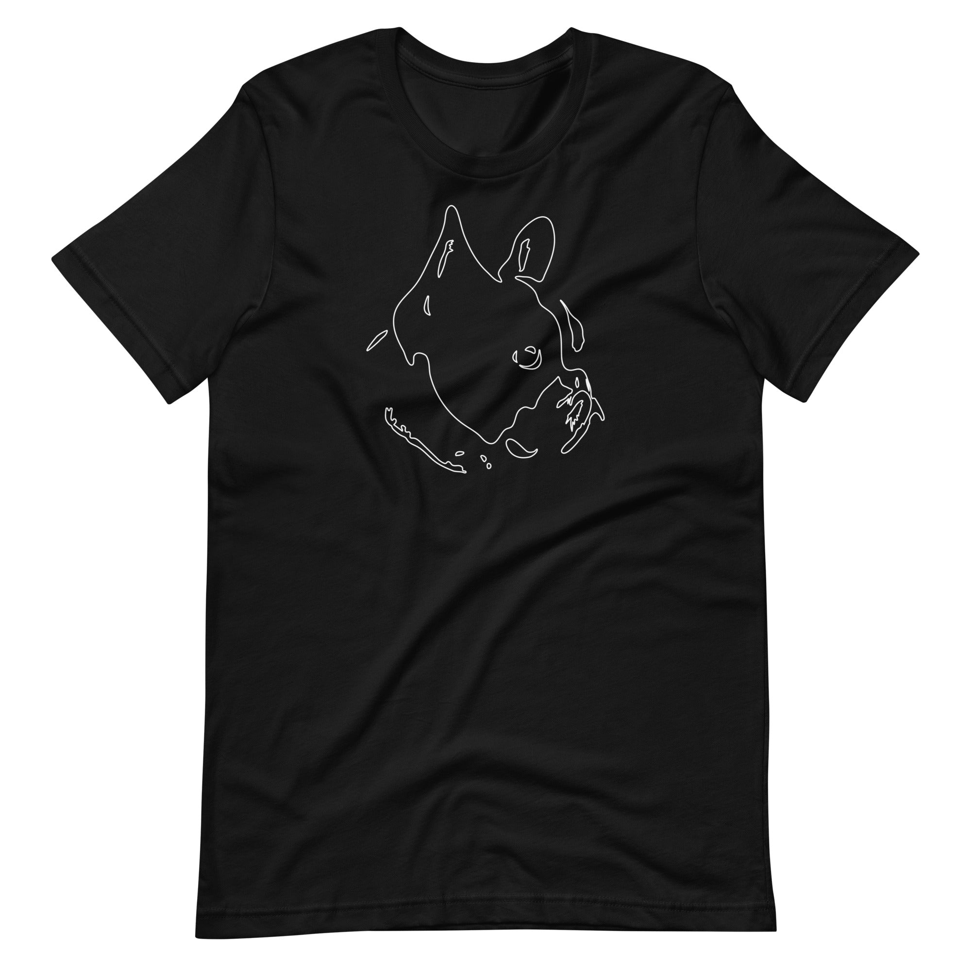 White minimalist line art French Bulldog portrait printed on a black unisex t-shirt front view