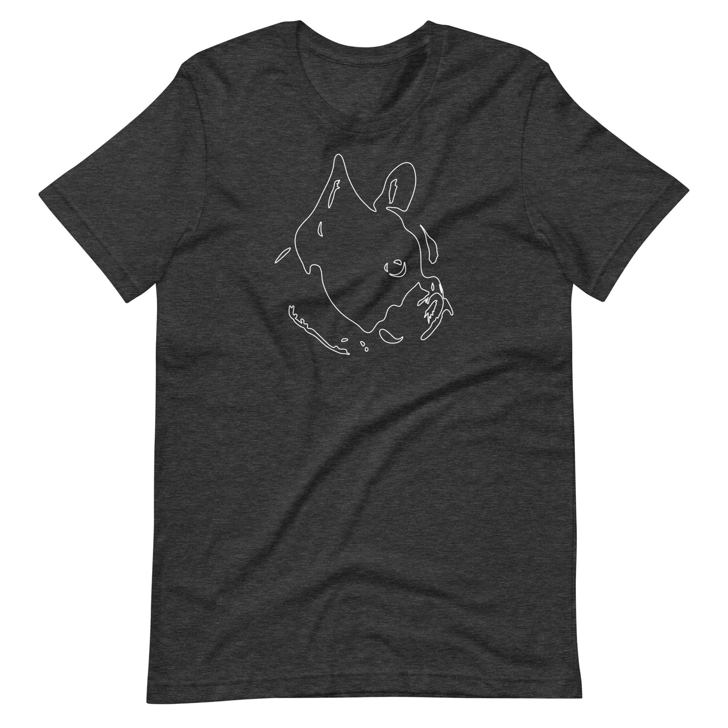 White minimalist line art French Bulldog portrait printed on a dark gray unisex t-shirt front view