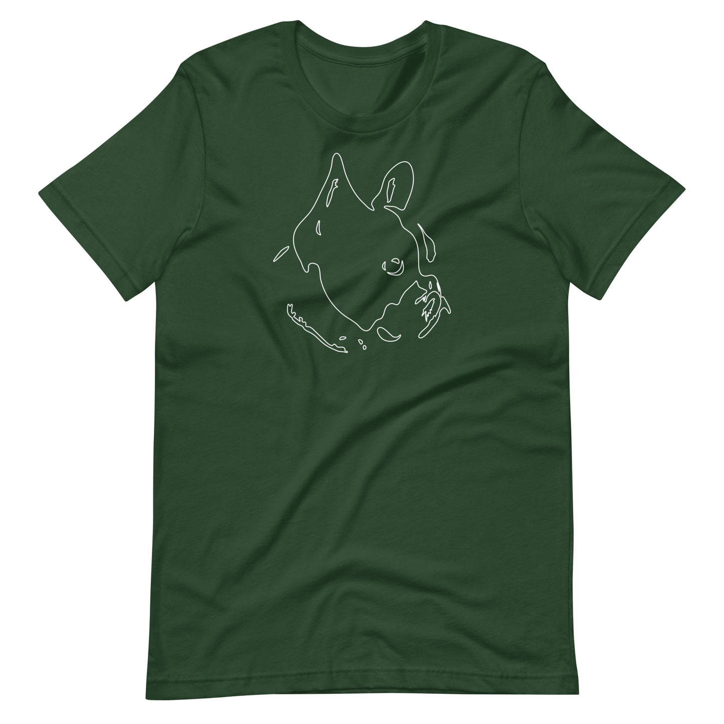 White minimalist line art French Bulldog portrait printed on a green unisex t-shirt front view