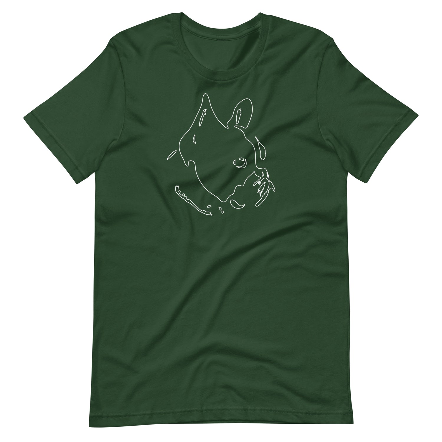 White minimalist line art French Bulldog portrait printed on a green unisex t-shirt front view