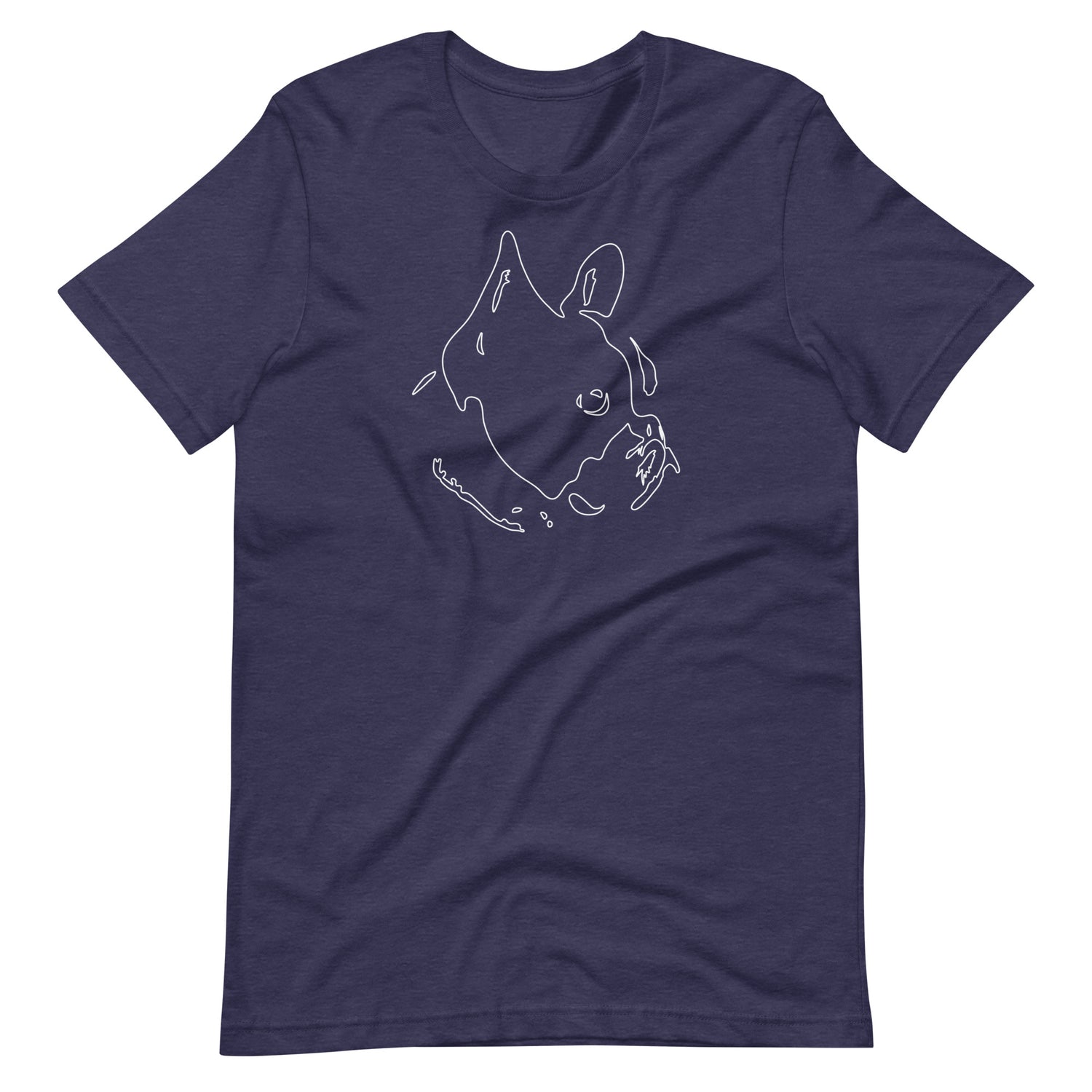 White minimalist line art French Bulldog portrait printed on a midnight blue unisex t-shirt front view