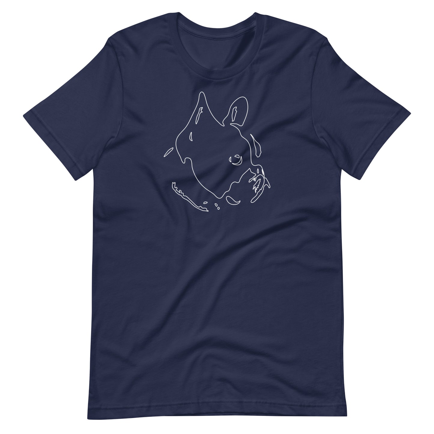 White minimalist line art French Bulldog portrait printed on a navy blue unisex t-shirt front view