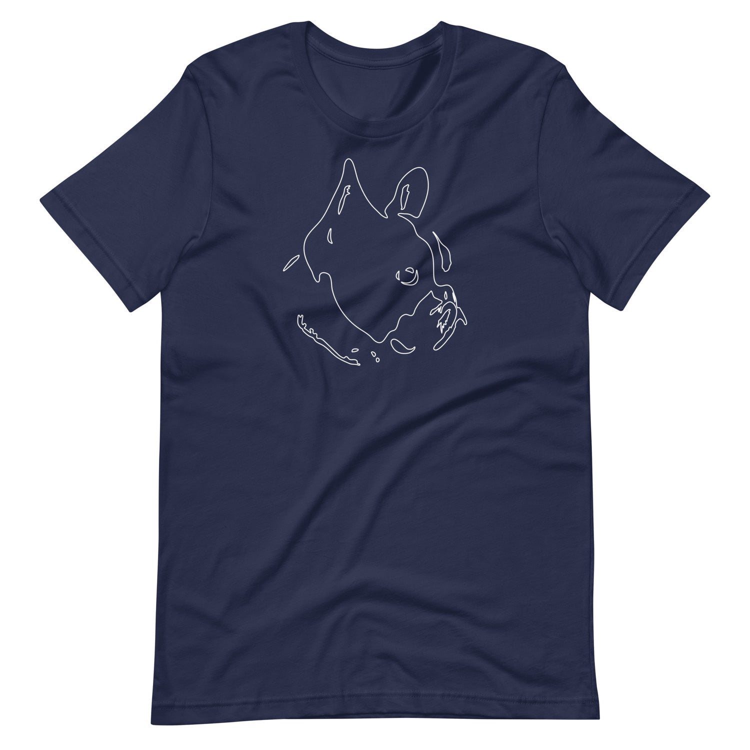 White minimalist line art French Bulldog portrait printed on a navy blue unisex t-shirt front view