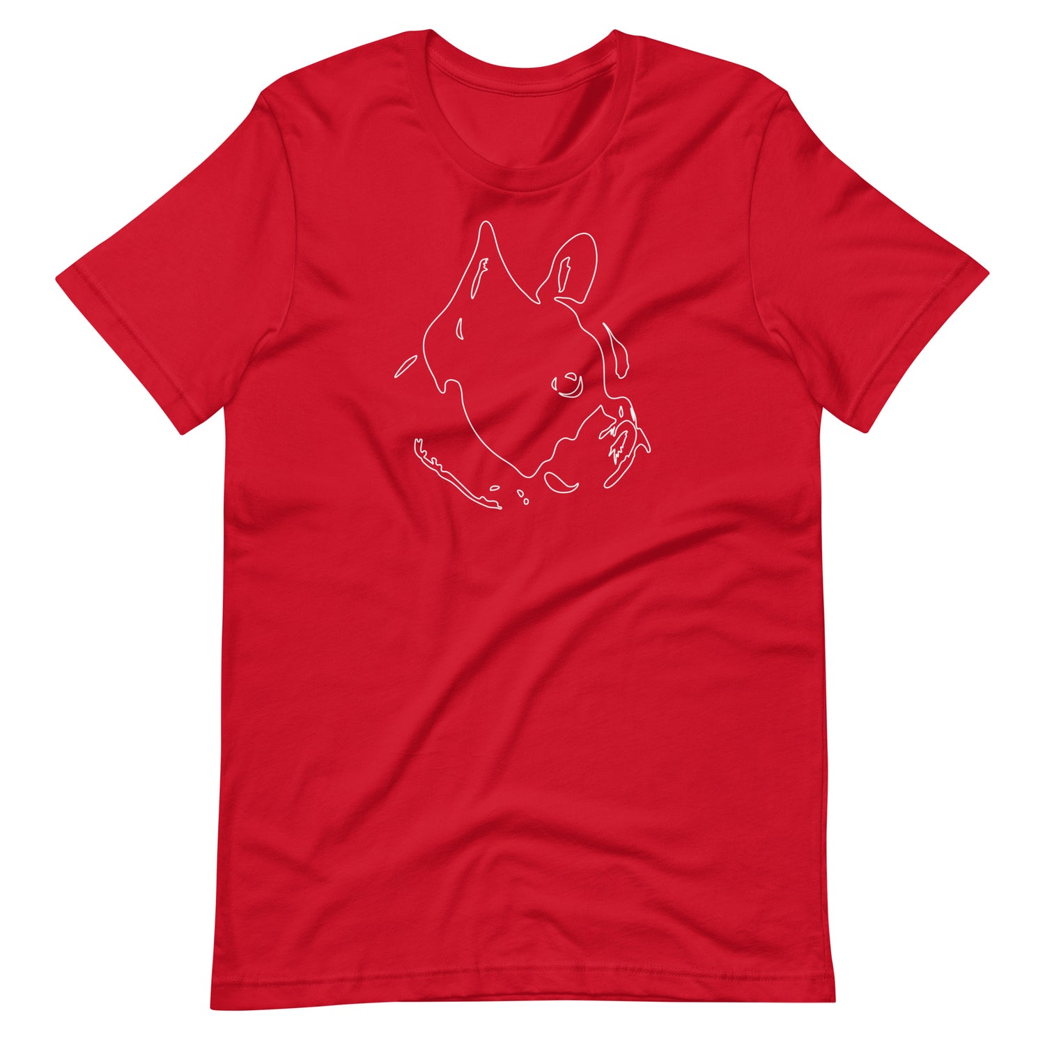 White minimalist line art French Bulldog portrait printed on a red unisex t-shirt front view