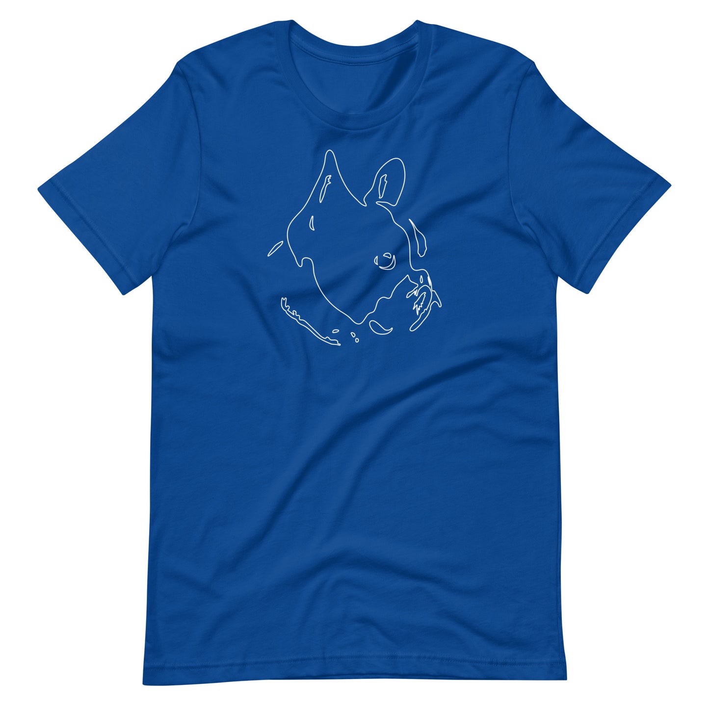 White minimalist line art French Bulldog portrait printed on a royal blue unisex t-shirt front view