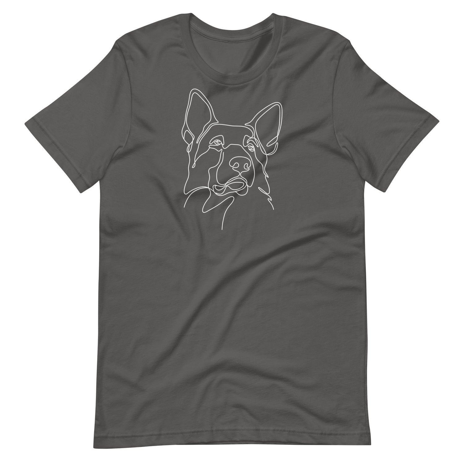 White minimalist line art German Shepherd dog portrait printed on an asphalt gray unisex t-shirt front view