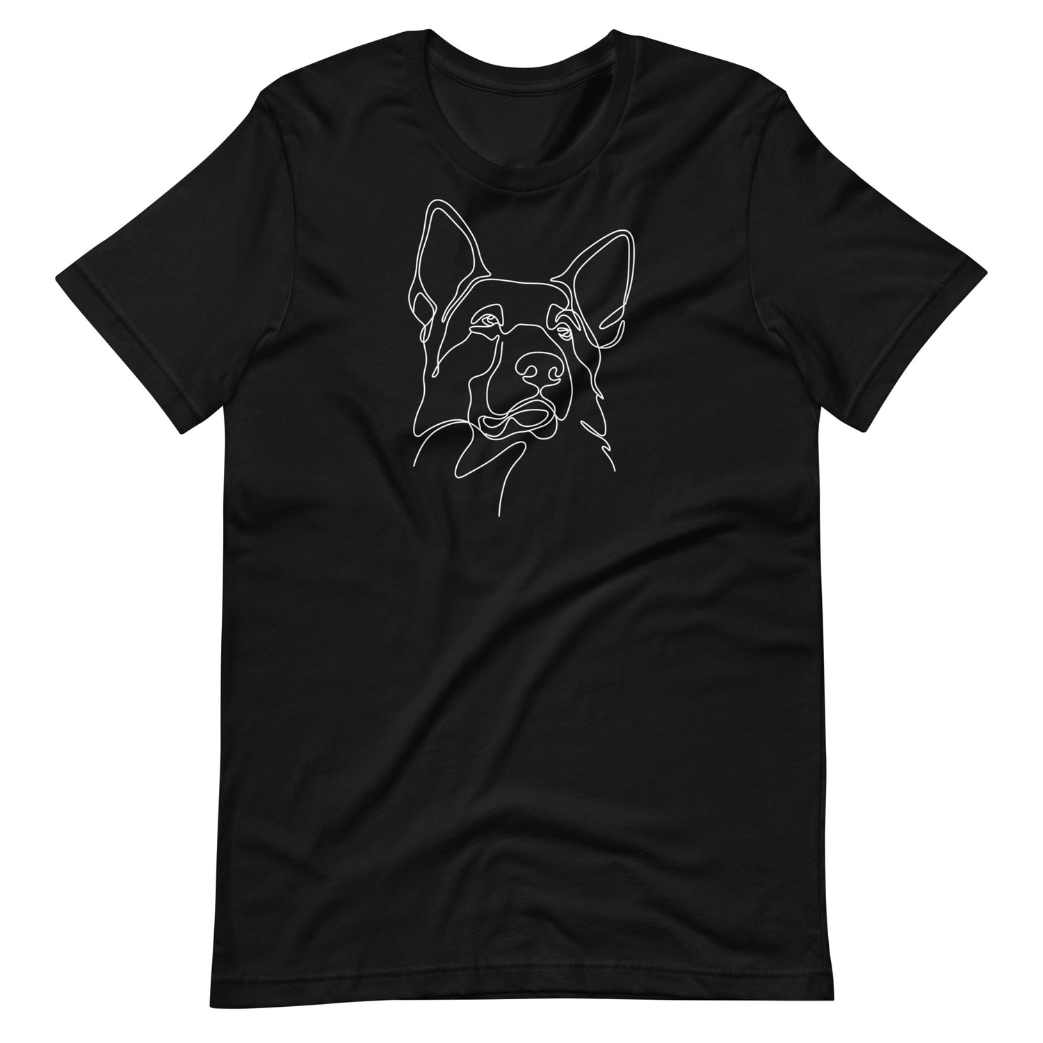 White minimalist line art German Shepherd dog portrait printed on a black unisex t-shirt front view