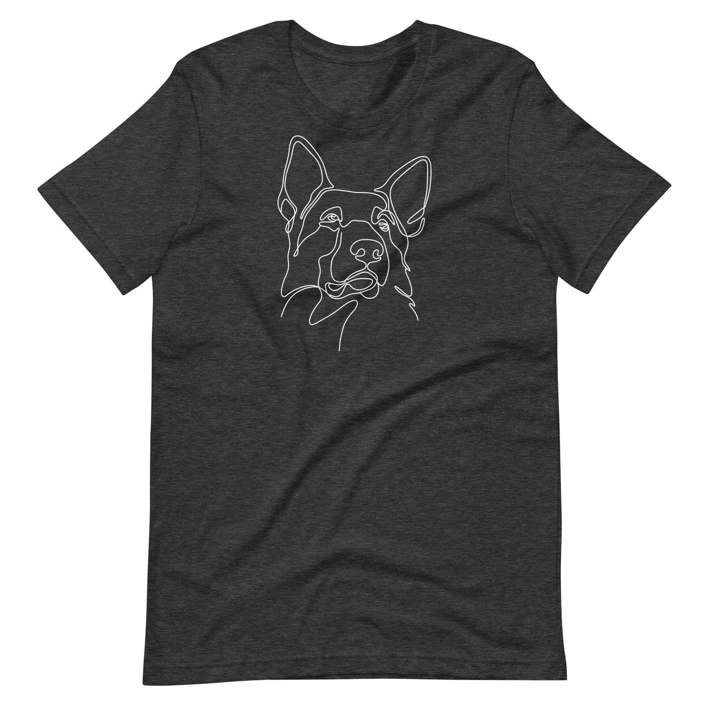 White minimalist line art German Shepherd dog portrait printed on a dark gray unisex t-shirt front view