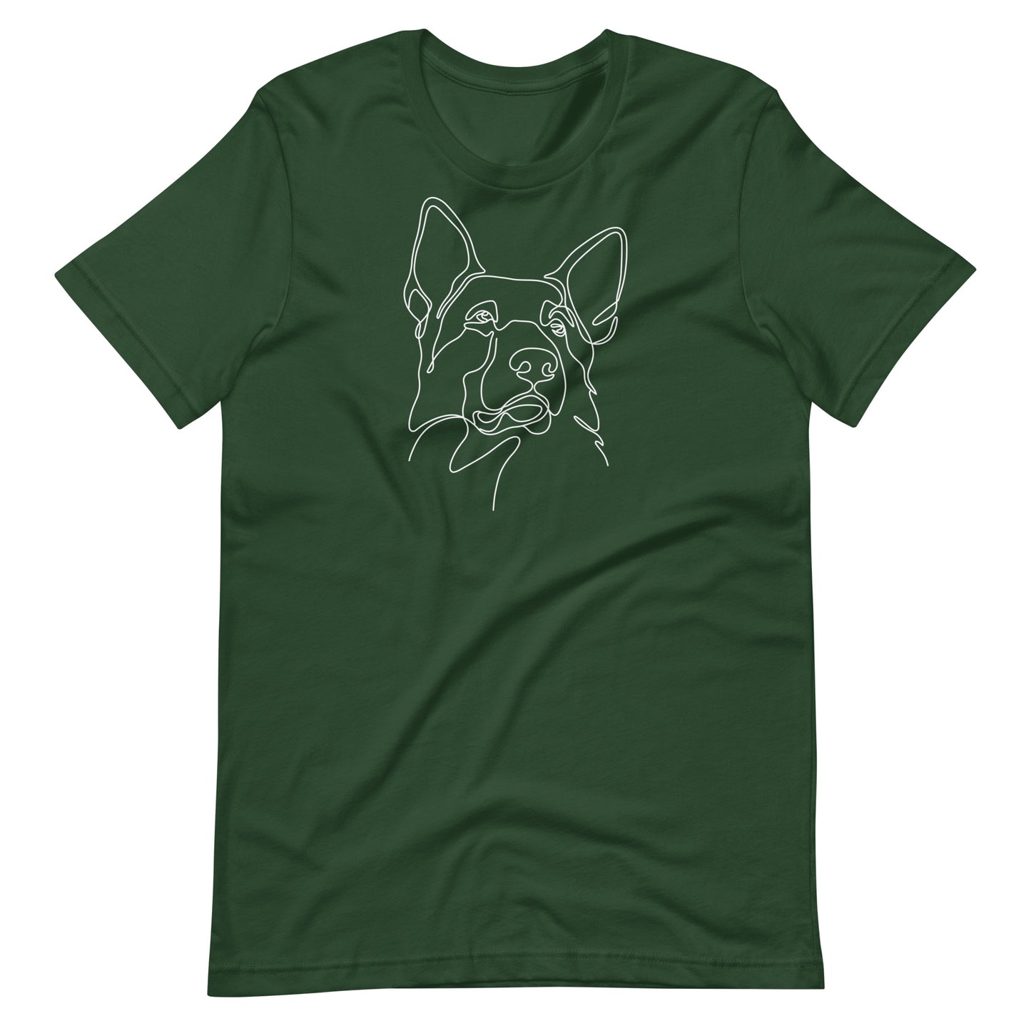 White minimalist line art German Shepherd dog portrait printed on a green unisex t-shirt front view