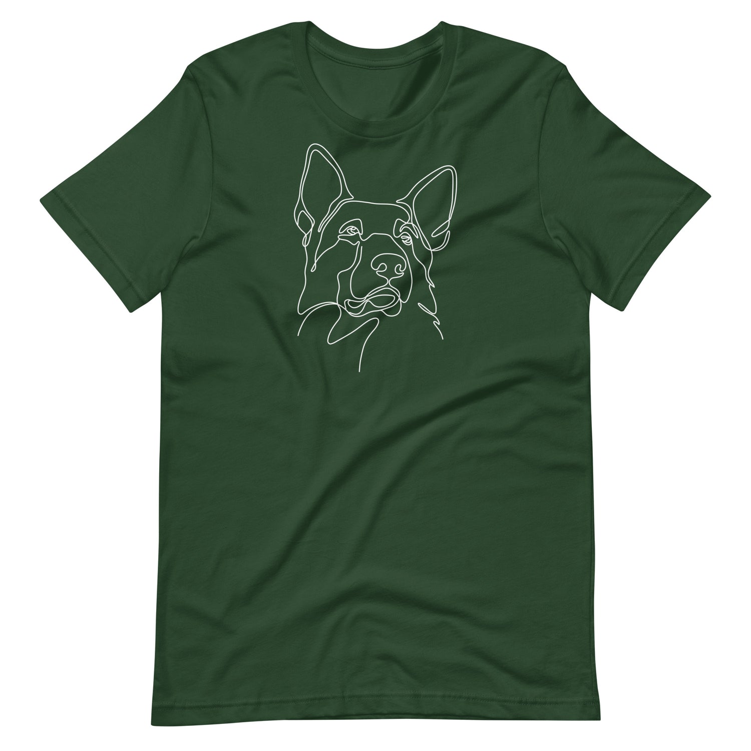White minimalist line art German Shepherd dog portrait printed on a green unisex t-shirt front view