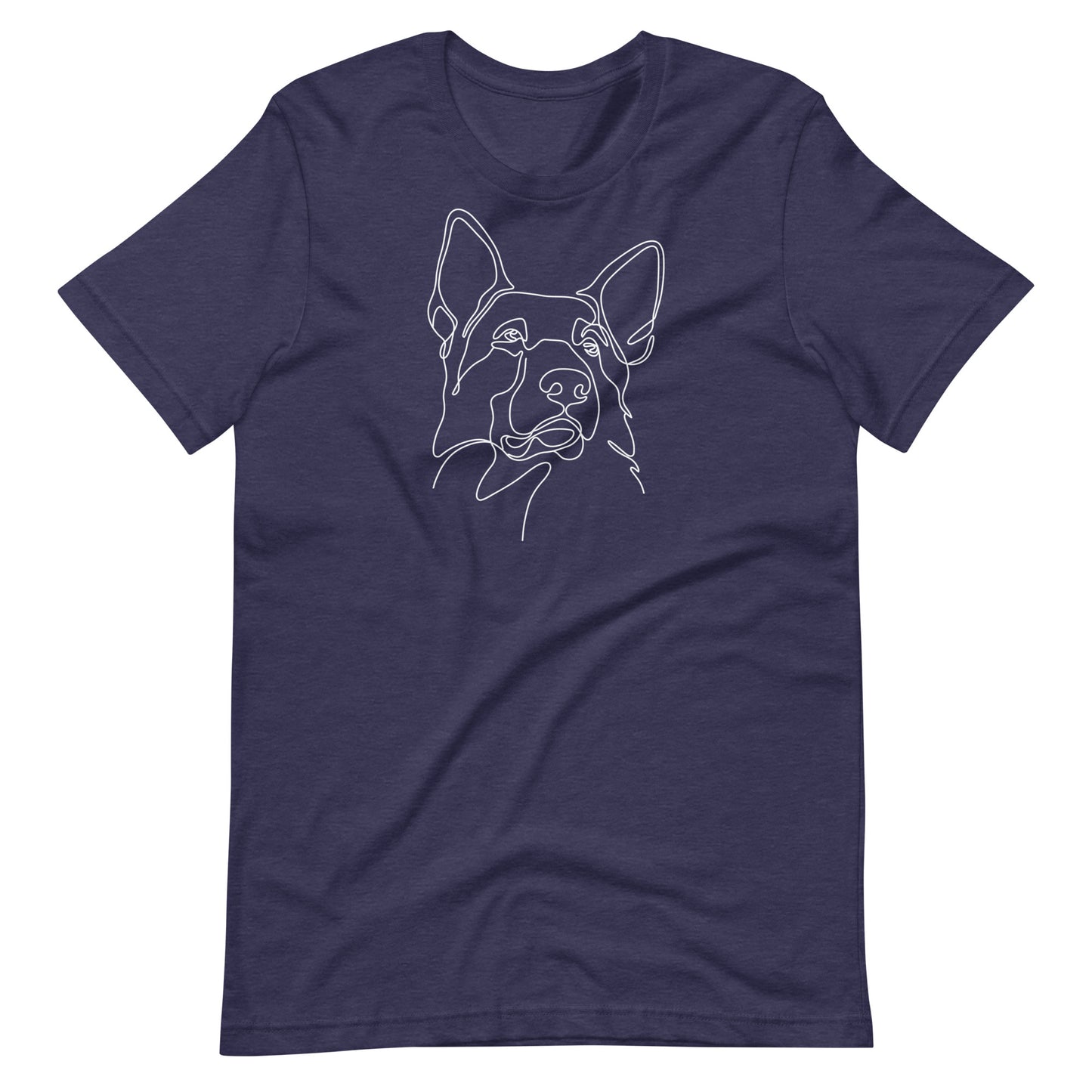 White minimalist line art German Shepherd dog portrait printed on a midnight blue unisex t-shirt front view