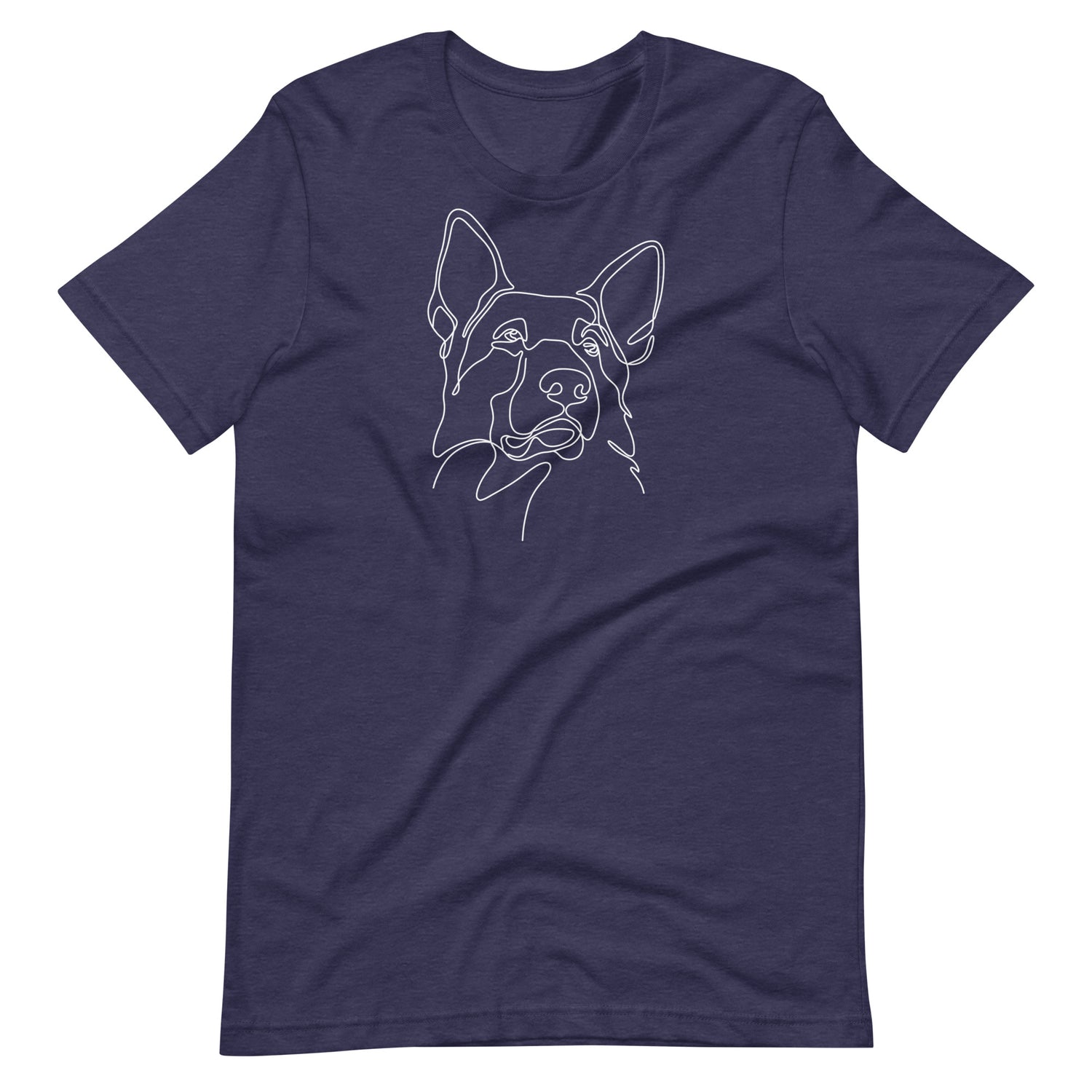 White minimalist line art German Shepherd dog portrait printed on a midnight blue unisex t-shirt front view