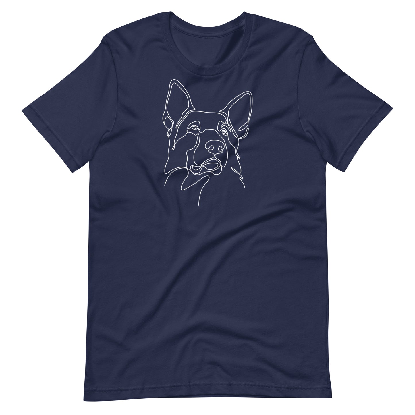 White minimalist line art German Shepherd dog portrait printed on a navy blue unisex t-shirt front view