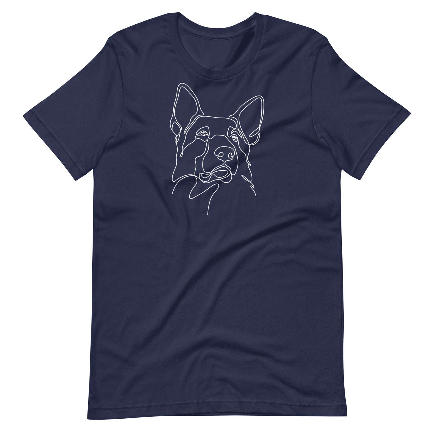White minimalist line art German Shepherd dog portrait printed on a navy blue unisex t-shirt front view