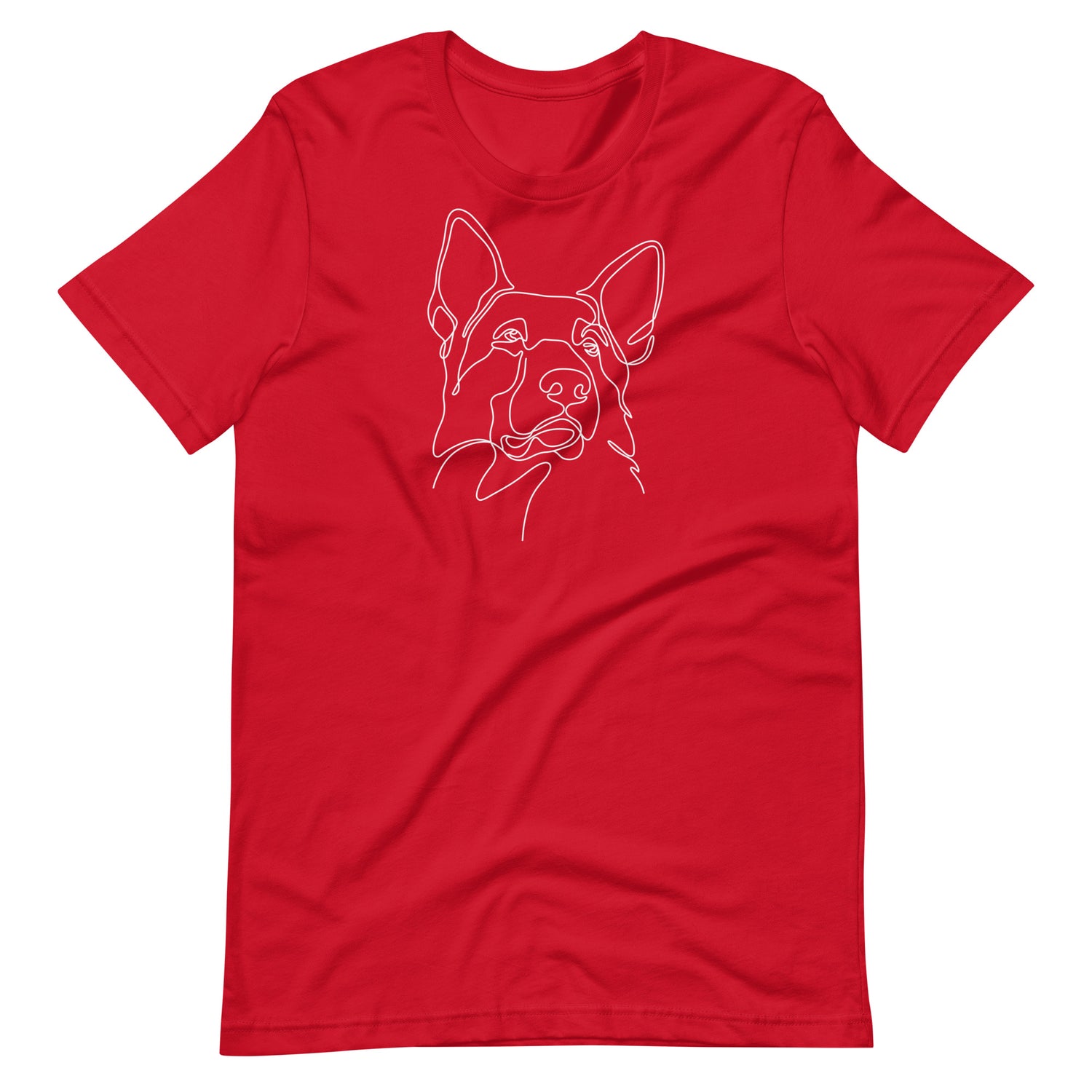White minimalist line art German Shepherd dog portrait printed on a red unisex t-shirt front view