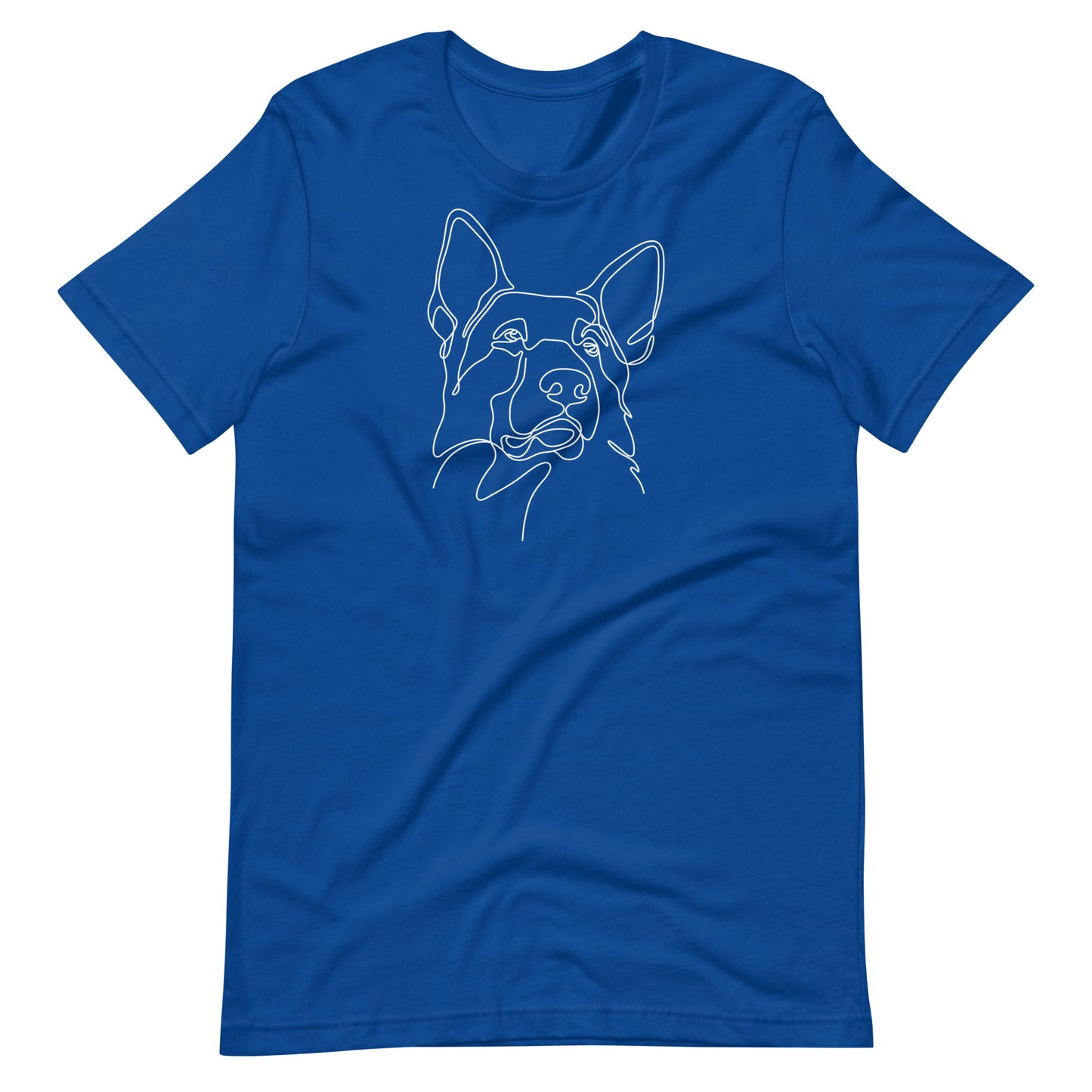 White minimalist line art German Shepherd dog portrait printed on a royal blue unisex t-shirt front view