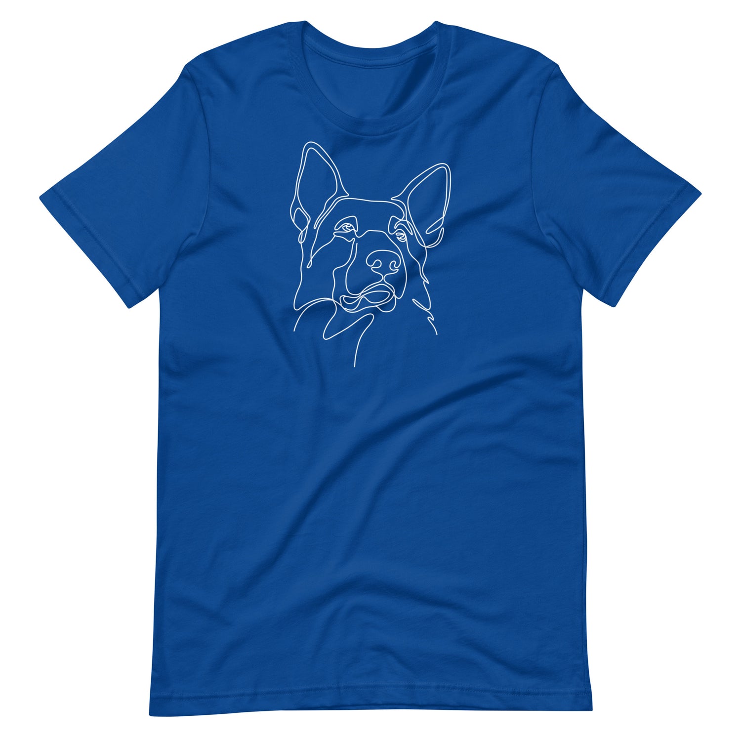 White minimalist line art German Shepherd dog portrait printed on a royal blue unisex t-shirt front view
