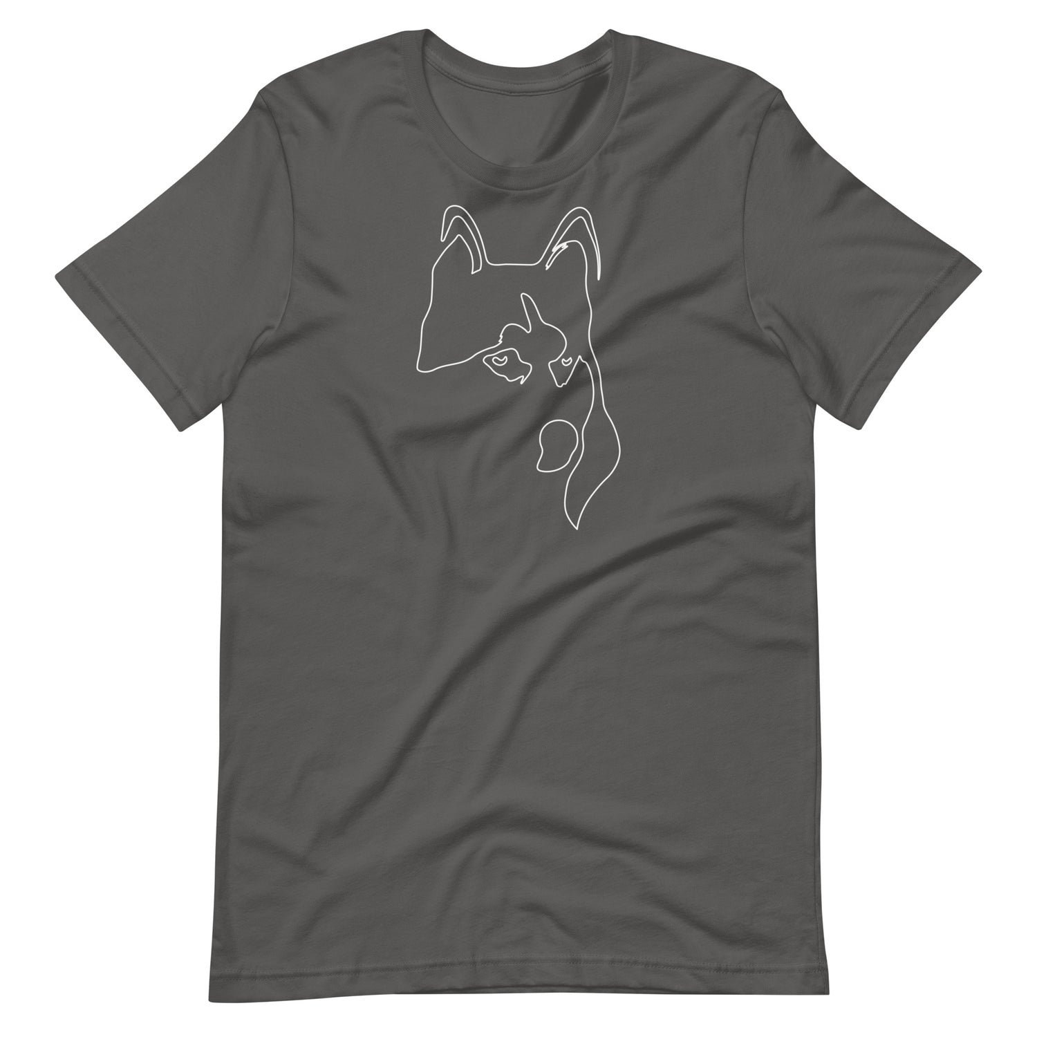 White minimalist line art husky dog portrait printed on an asphalt gray unisex t-shirt front view