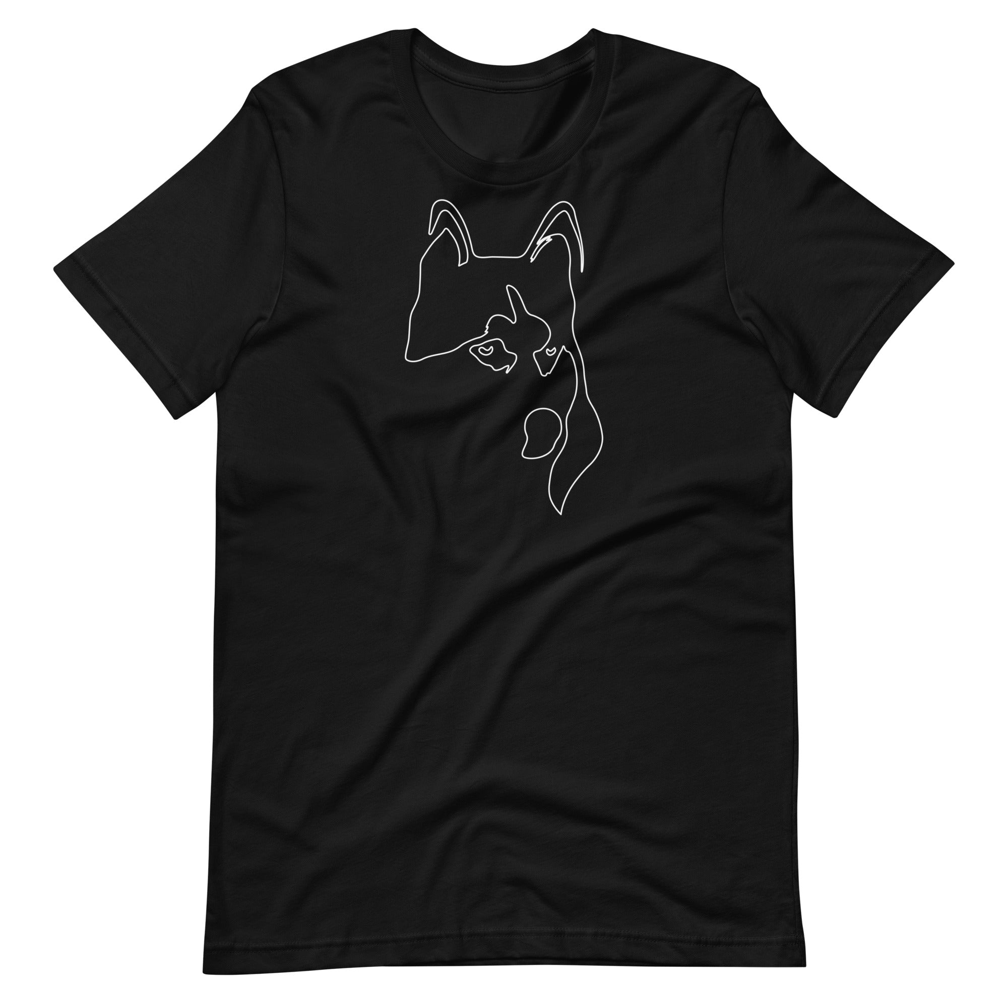 White minimalist line art husky dog portrait printed on a black unisex t-shirt front view