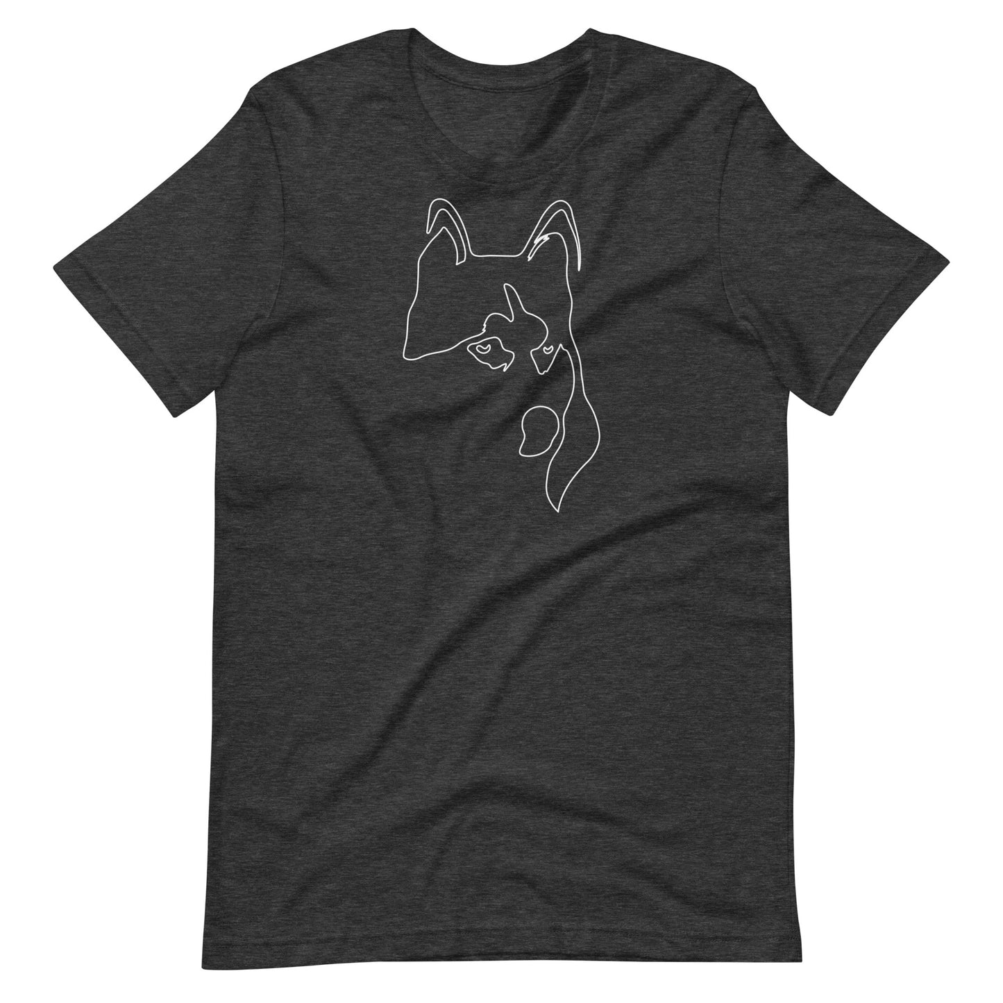 White minimalist line art husky dog portrait printed on a dark gray unisex t-shirt front view