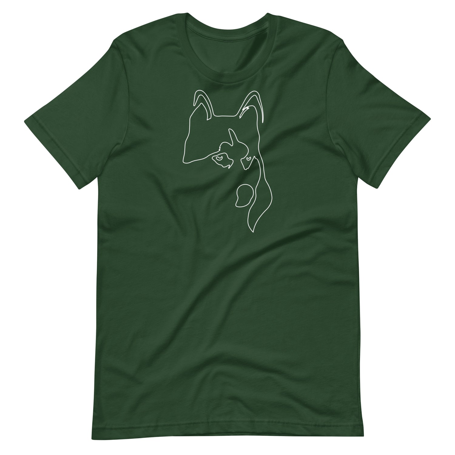 White minimalist line art husky dog portrait printed on a green unisex t-shirt front view