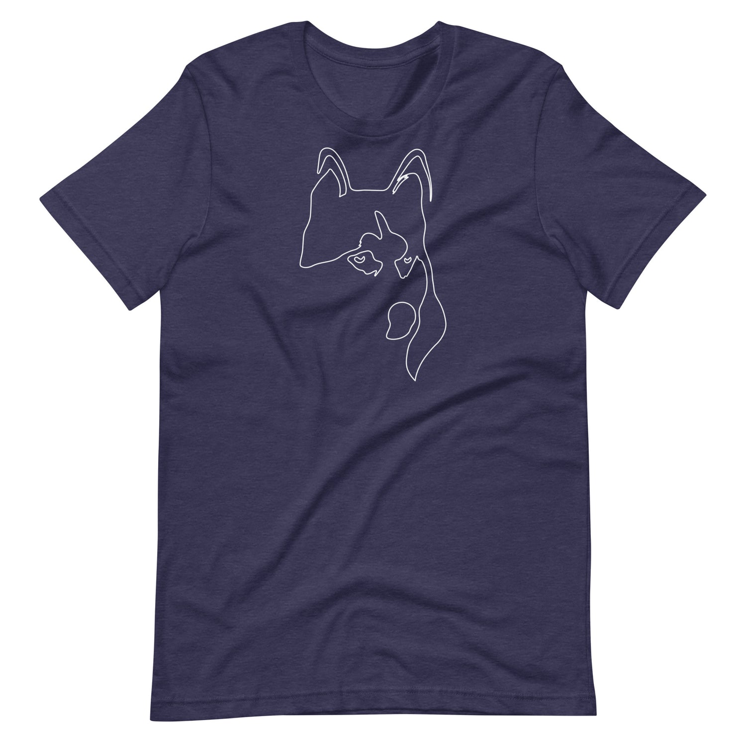 White minimalist line art husky dog portrait printed on a midnight blue unisex t-shirt front view