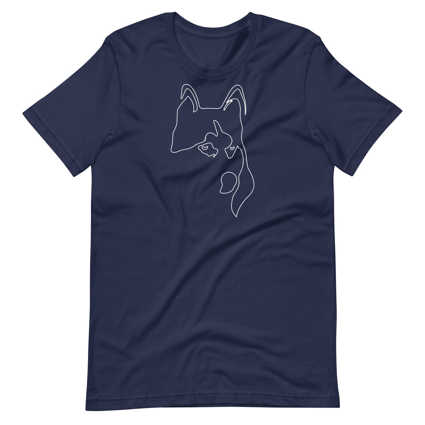 White minimalist line art husky dog portrait printed on a navy blue unisex t-shirt front view