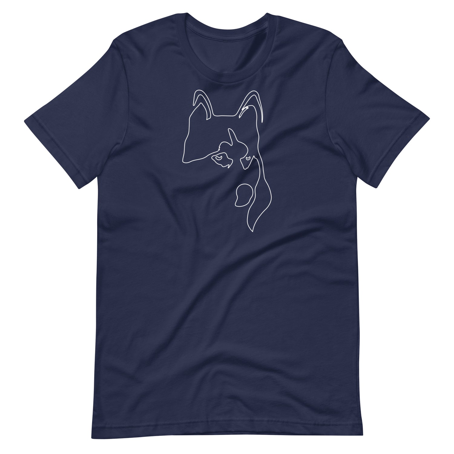 White minimalist line art husky dog portrait printed on a navy blue unisex t-shirt front view