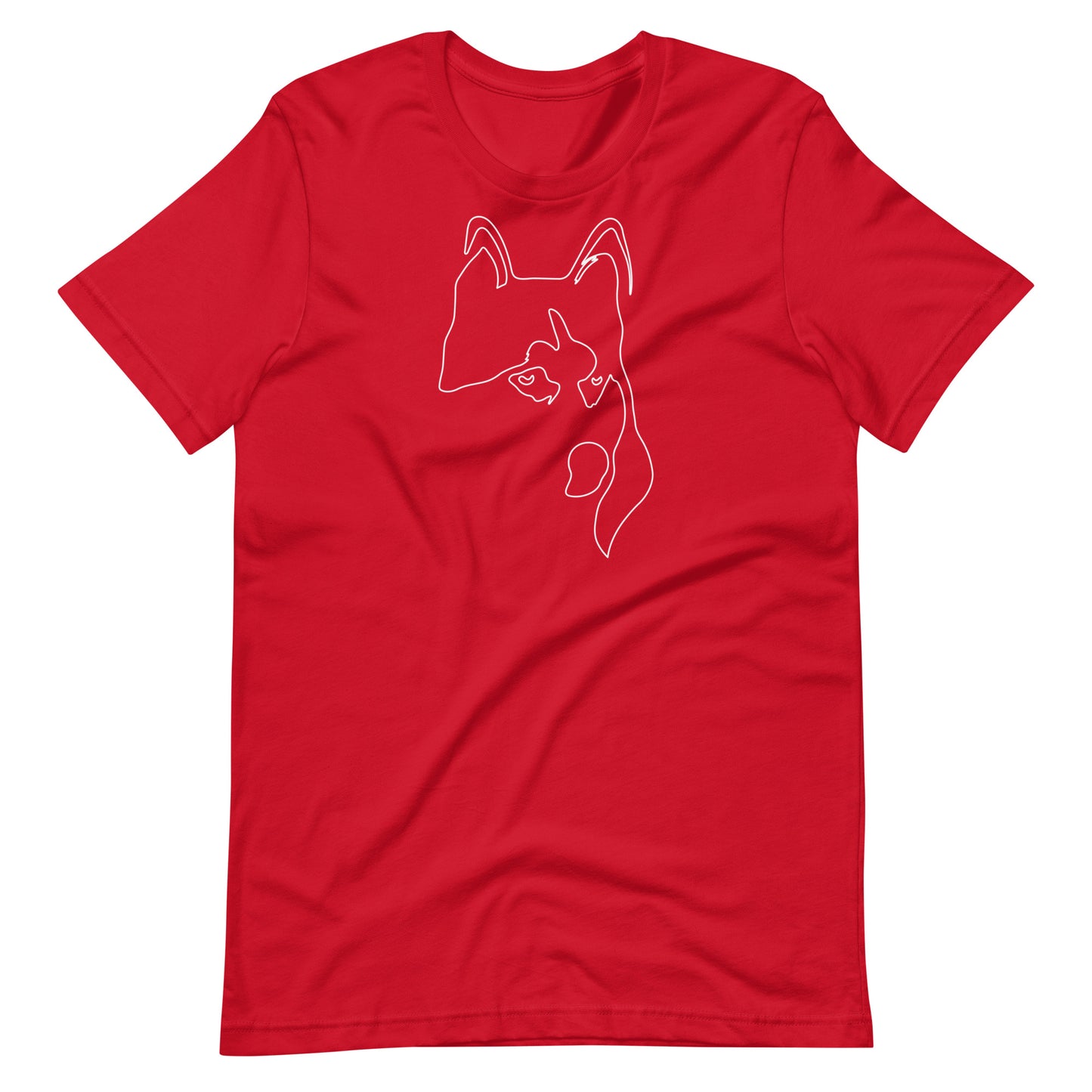 White minimalist line art husky dog portrait printed on a red unisex t-shirt front view