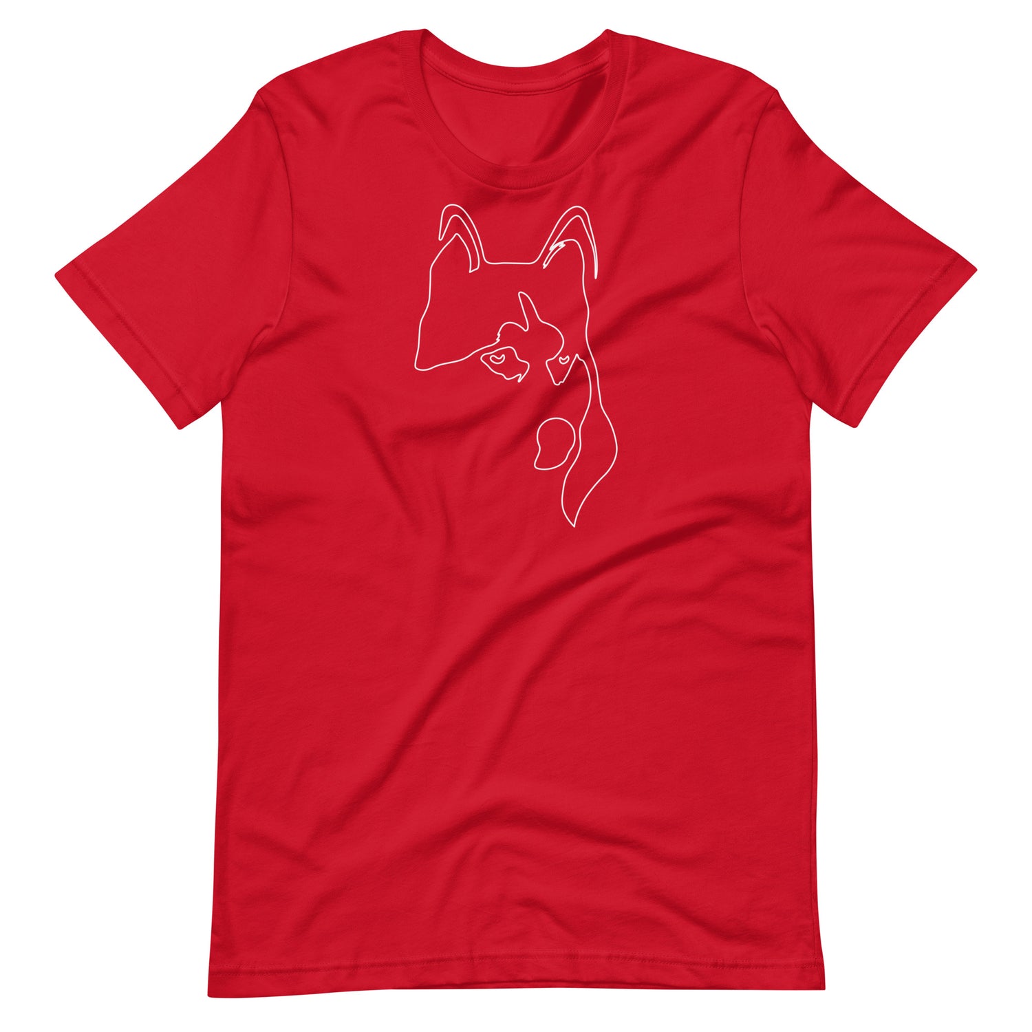 White minimalist line art husky dog portrait printed on a red unisex t-shirt front view