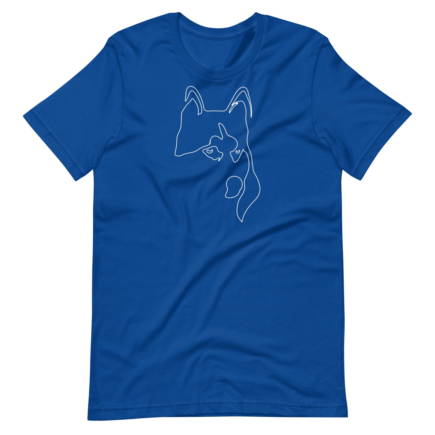 White minimalist line art husky dog portrait printed on a royal blue unisex t-shirt front view