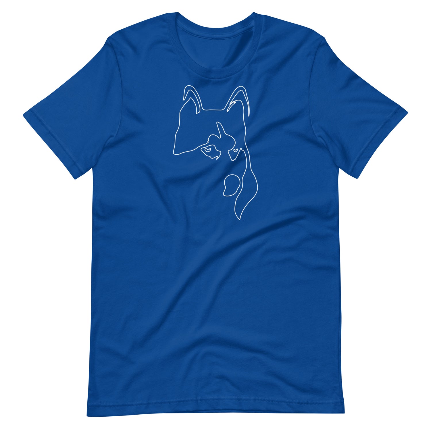 White minimalist line art husky dog portrait printed on a royal blue unisex t-shirt front view