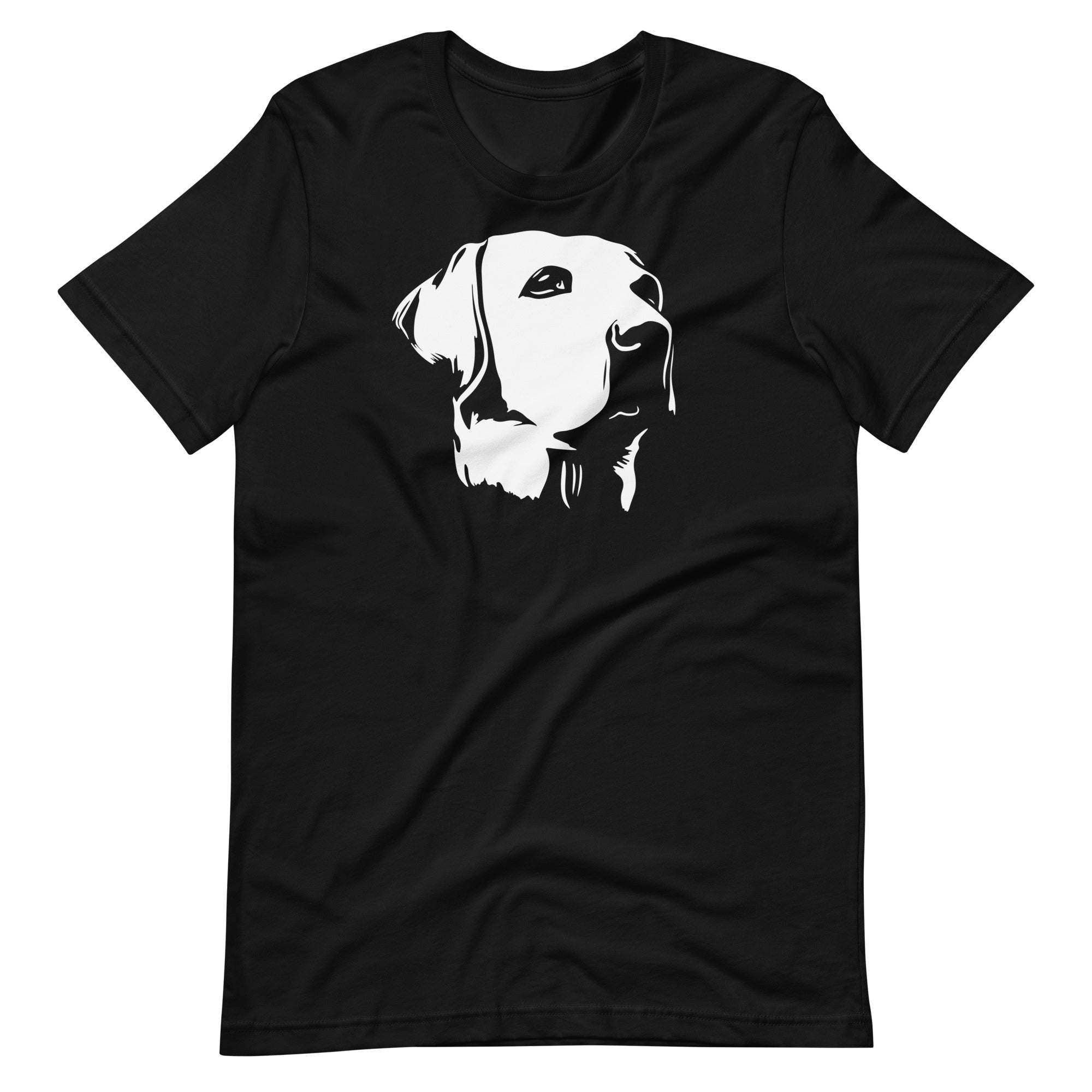 White high contrast labrador dog head silhouette art printed on a black unisex t-shirt front view
