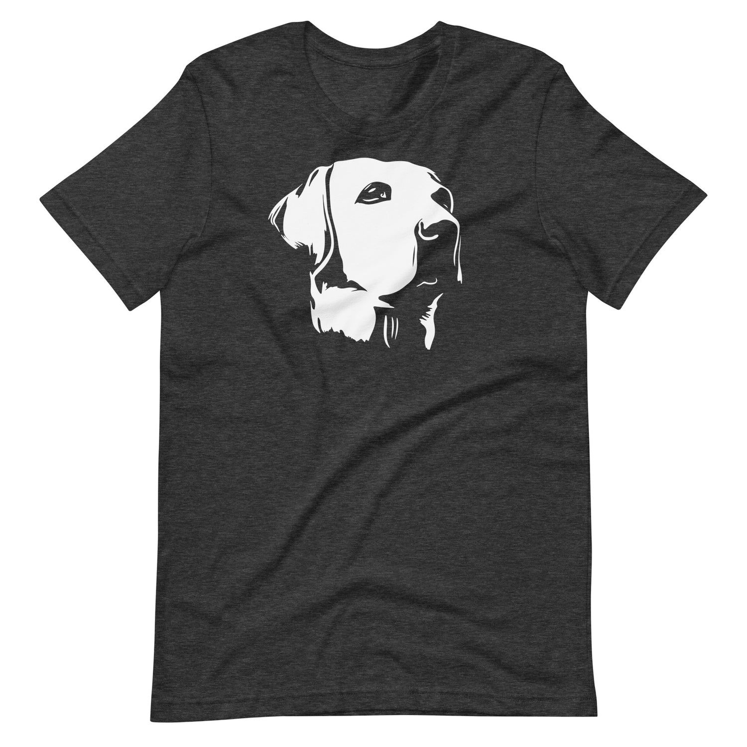 White high contrast labrador dog head silhouette art printed on a dark gray heather unisex t-shirt front view