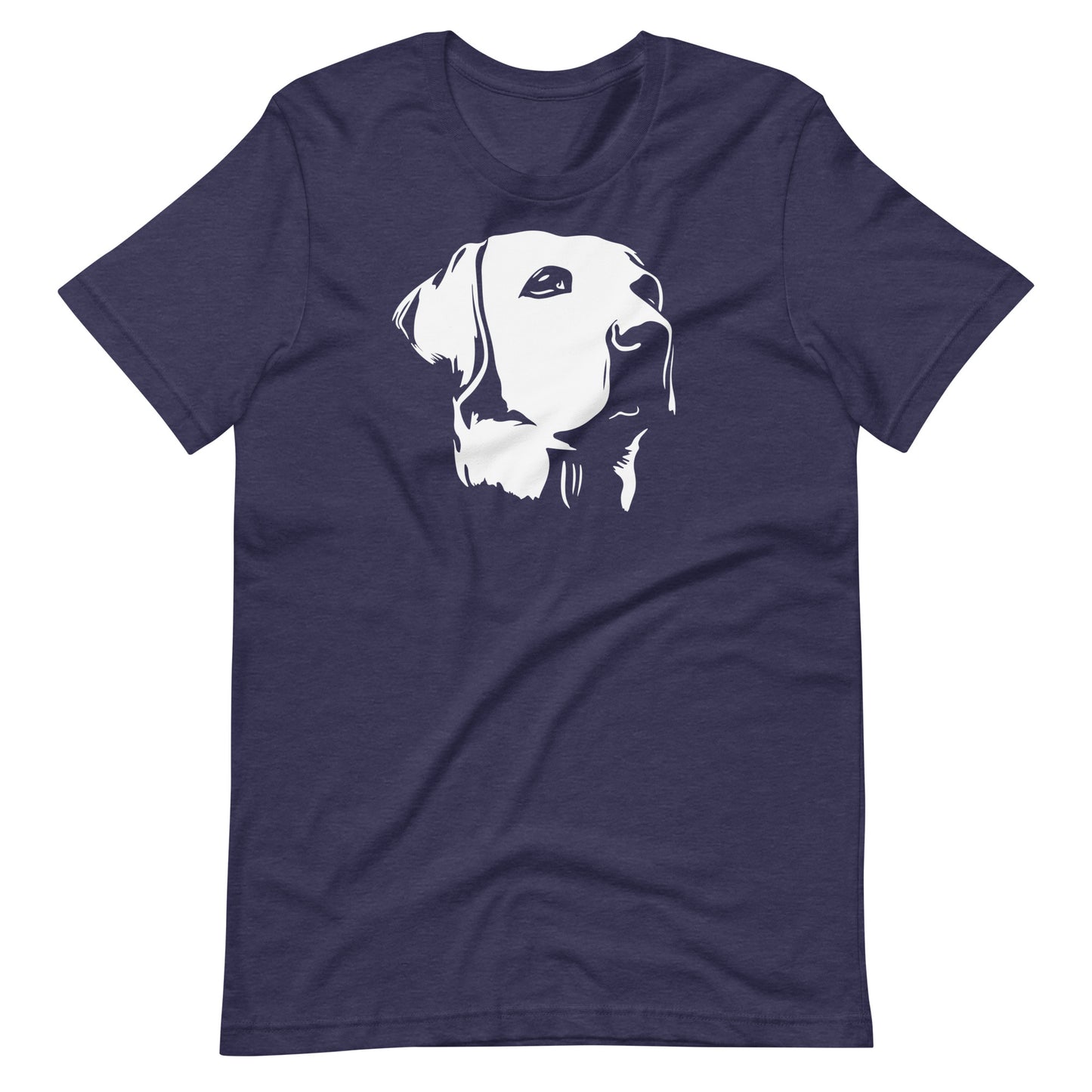 White high contrast labrador dog head silhouette art printed on a heather midnight blue unisex t-shirt front view