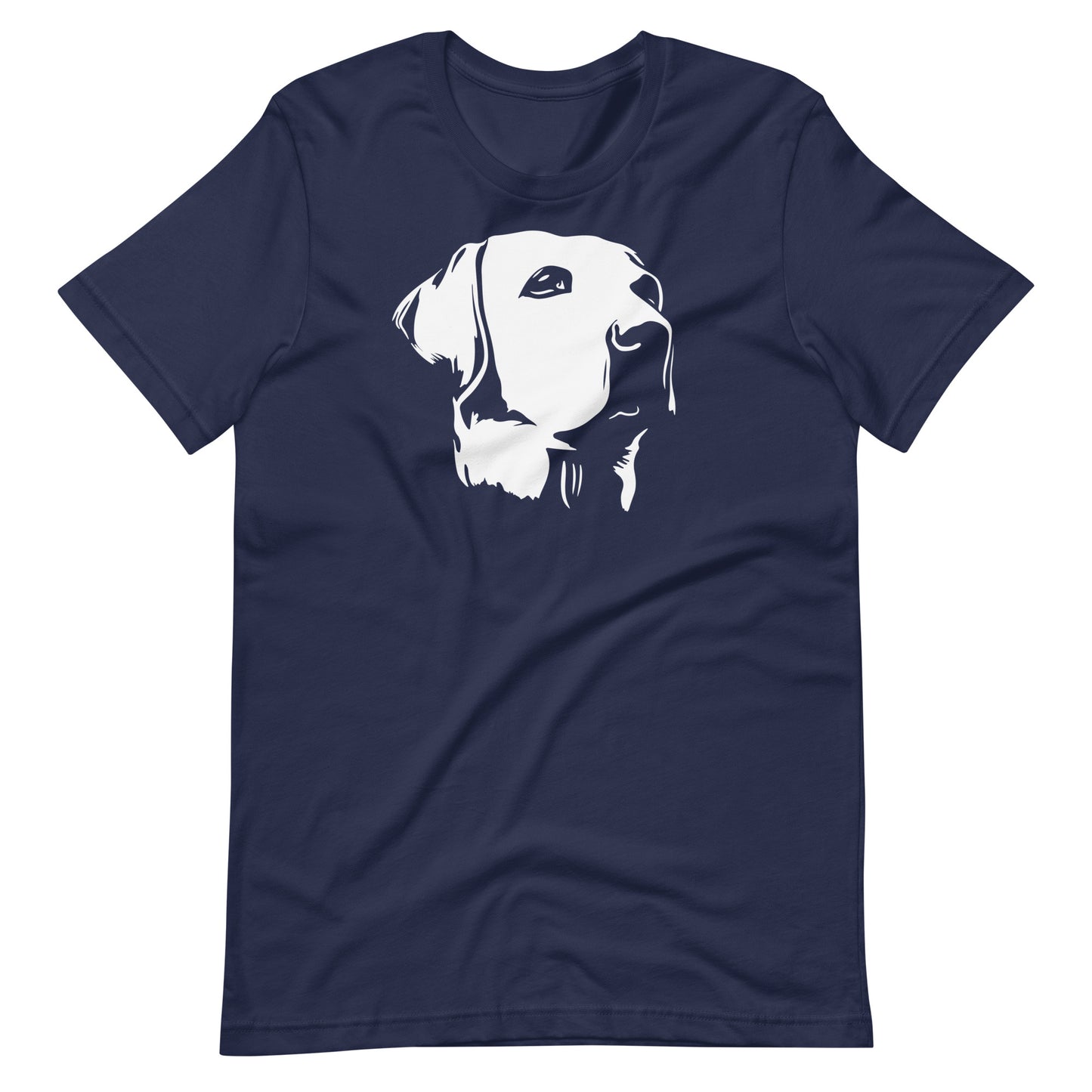 White high contrast labrador dog head silhouette art printed on a navy blue unisex t-shirt front view