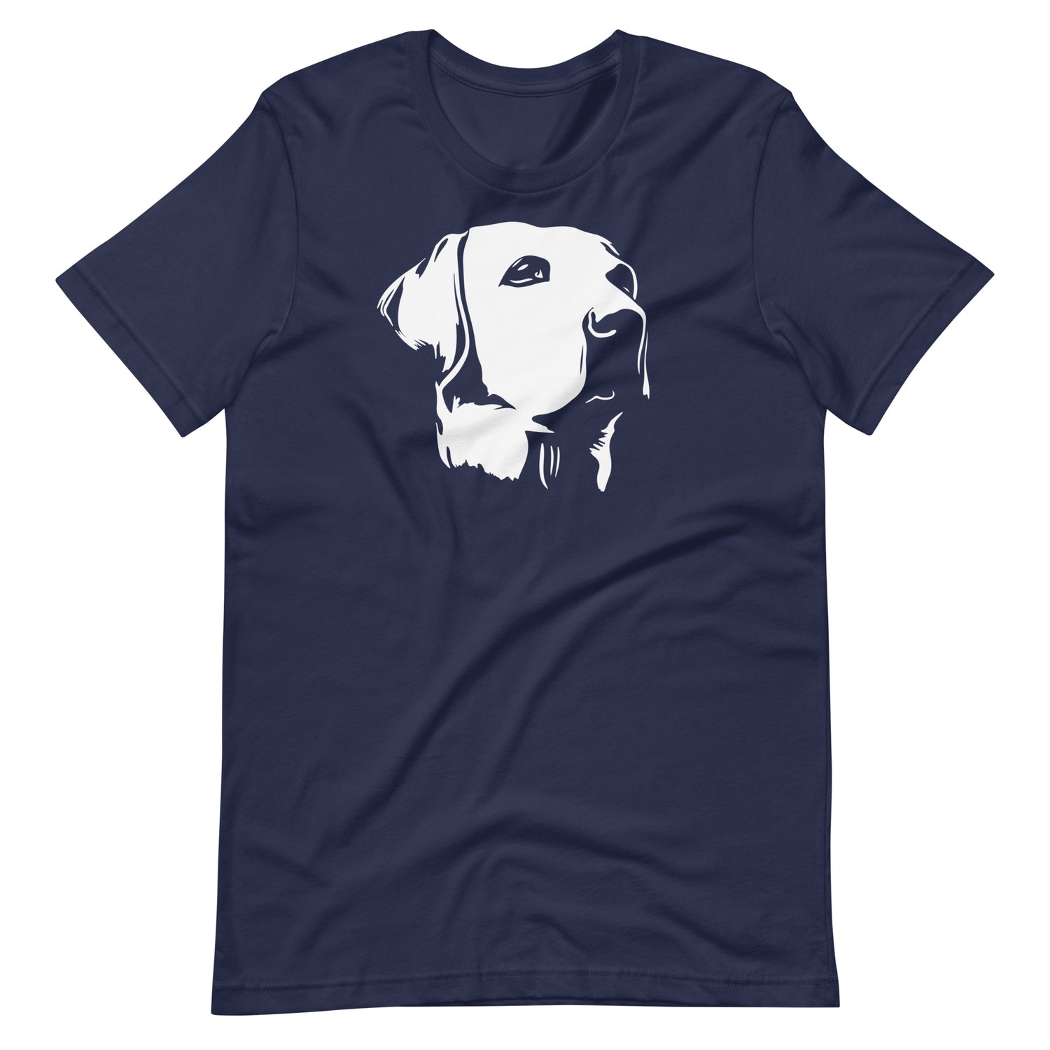 White high contrast labrador dog head silhouette art printed on a navy blue unisex t-shirt front view