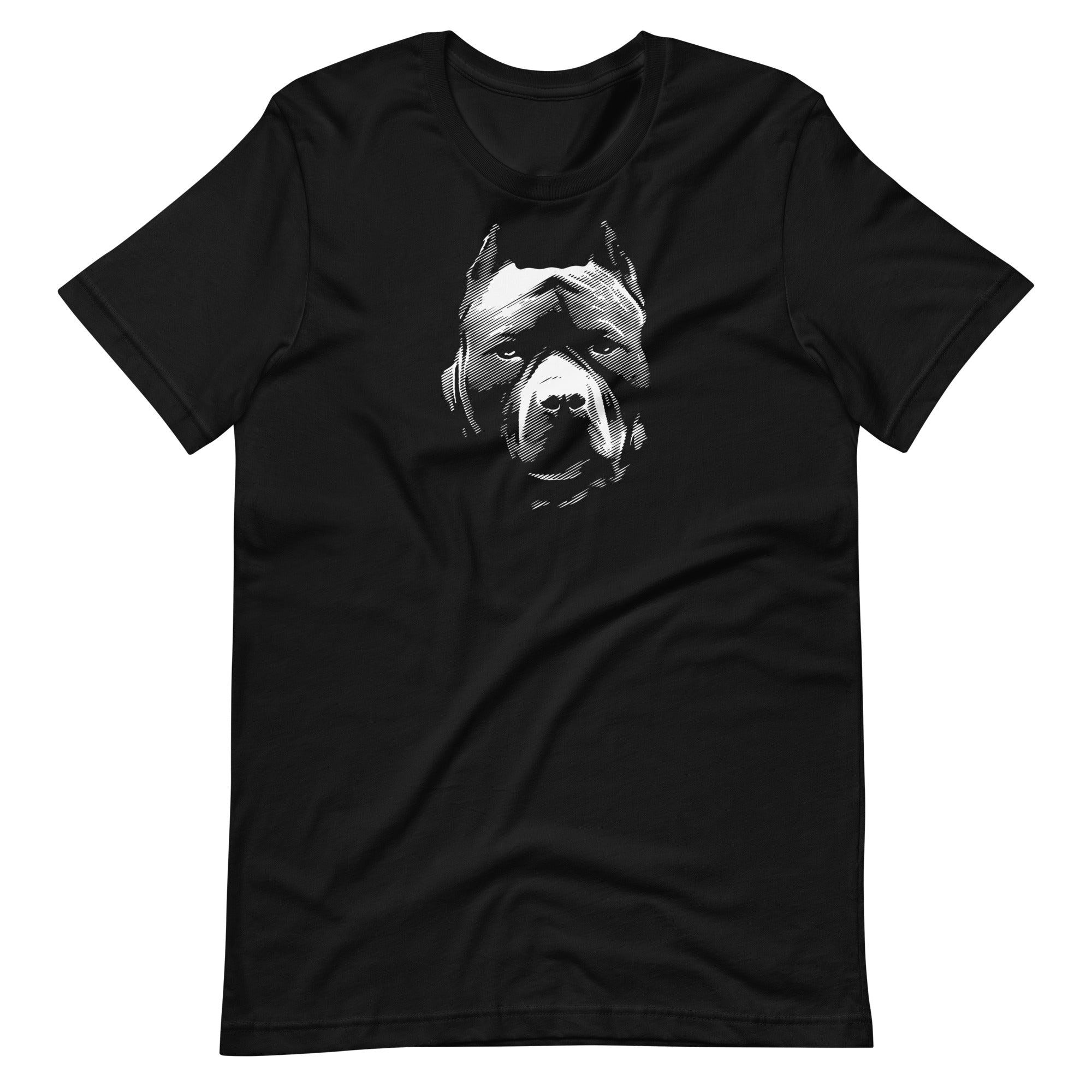 White high contrast pitbull dog head silhouette art printed on a black unisex t-shirt front view