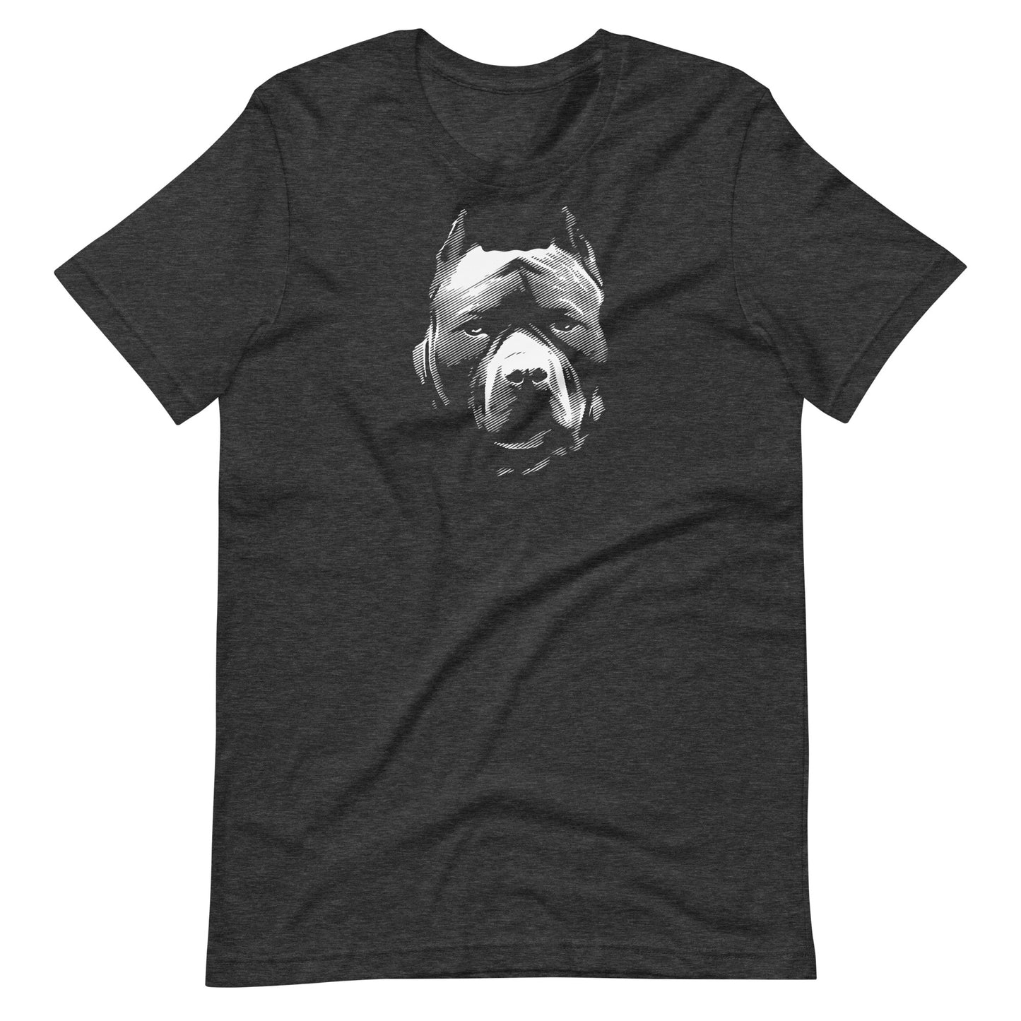 White high contrast pitbull dog head silhouette art printed on a dark gray heather unisex t-shirt front view