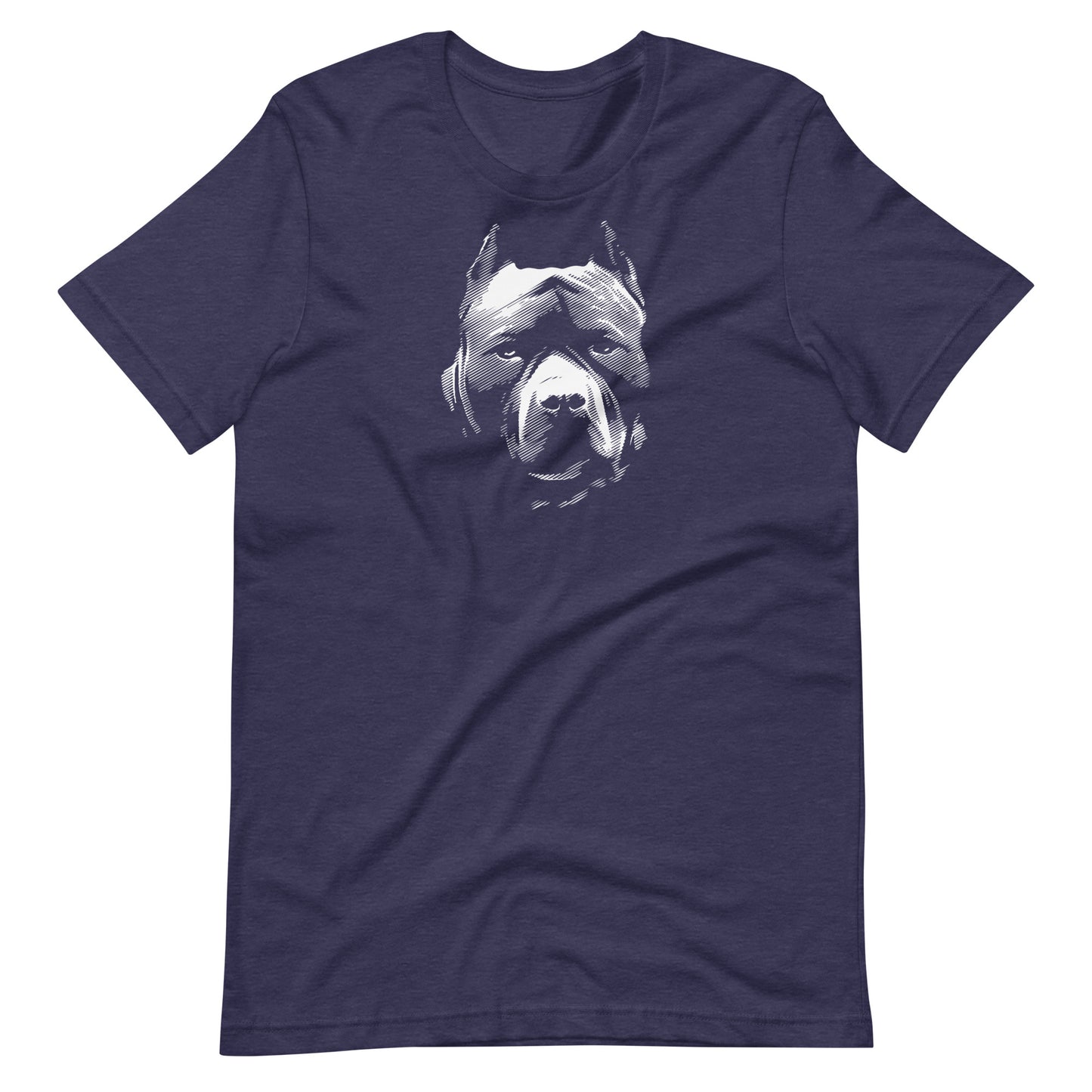 White high contrast pitbull dog head silhouette art printed on a heather midnight blue unisex t-shirt front view