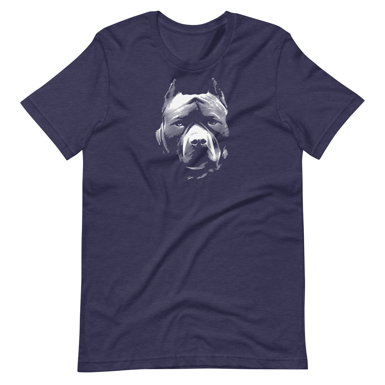 White high contrast pitbull dog head silhouette art printed on a heather midnight blue unisex t-shirt front view