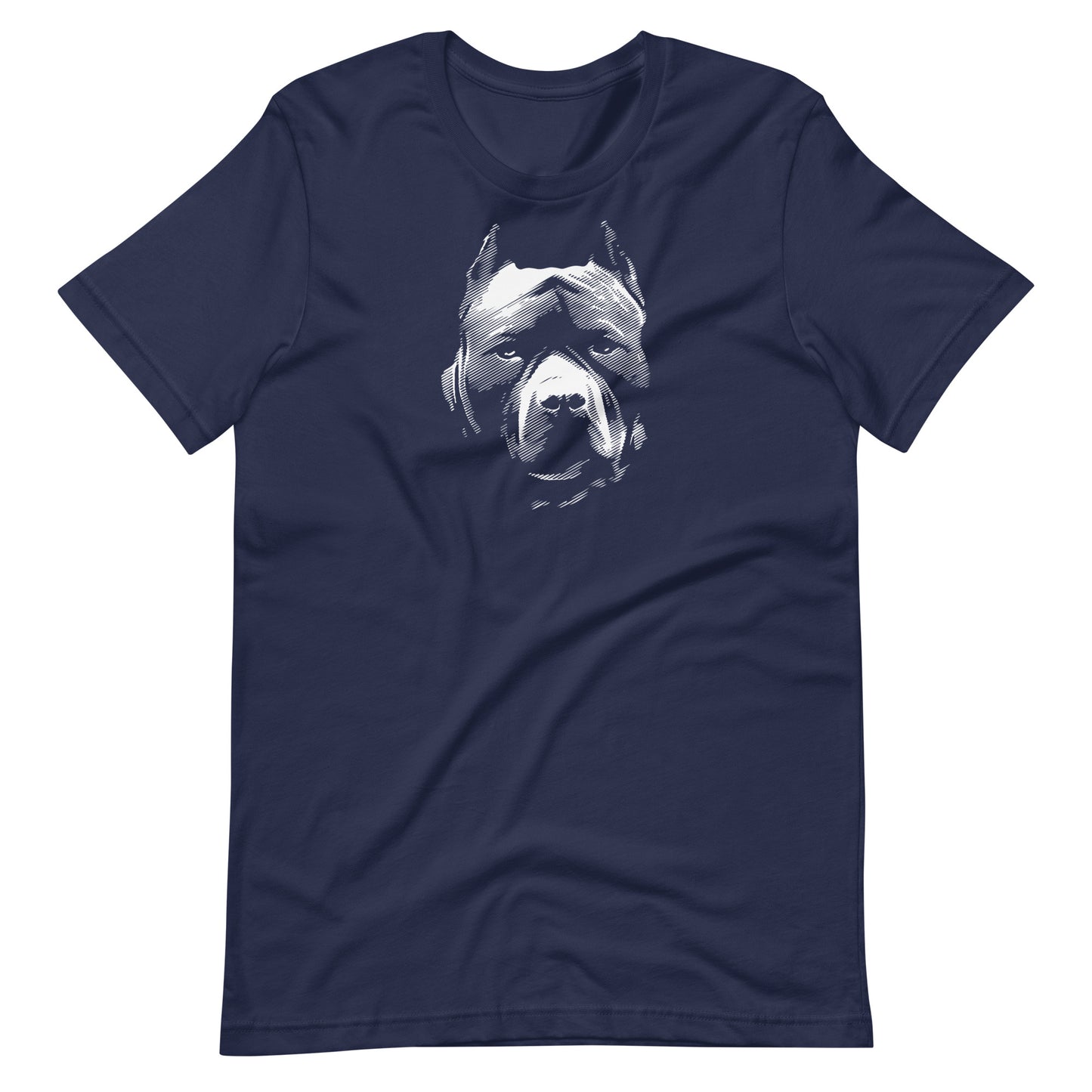 White high contrast pitbull dog head silhouette art printed on a navy blue unisex t-shirt front view