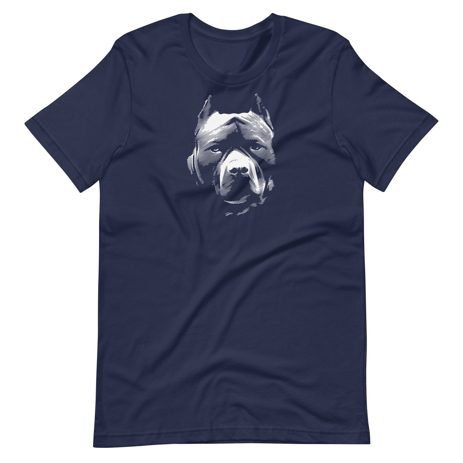 White high contrast pitbull dog head silhouette art printed on a navy blue unisex t-shirt front view
