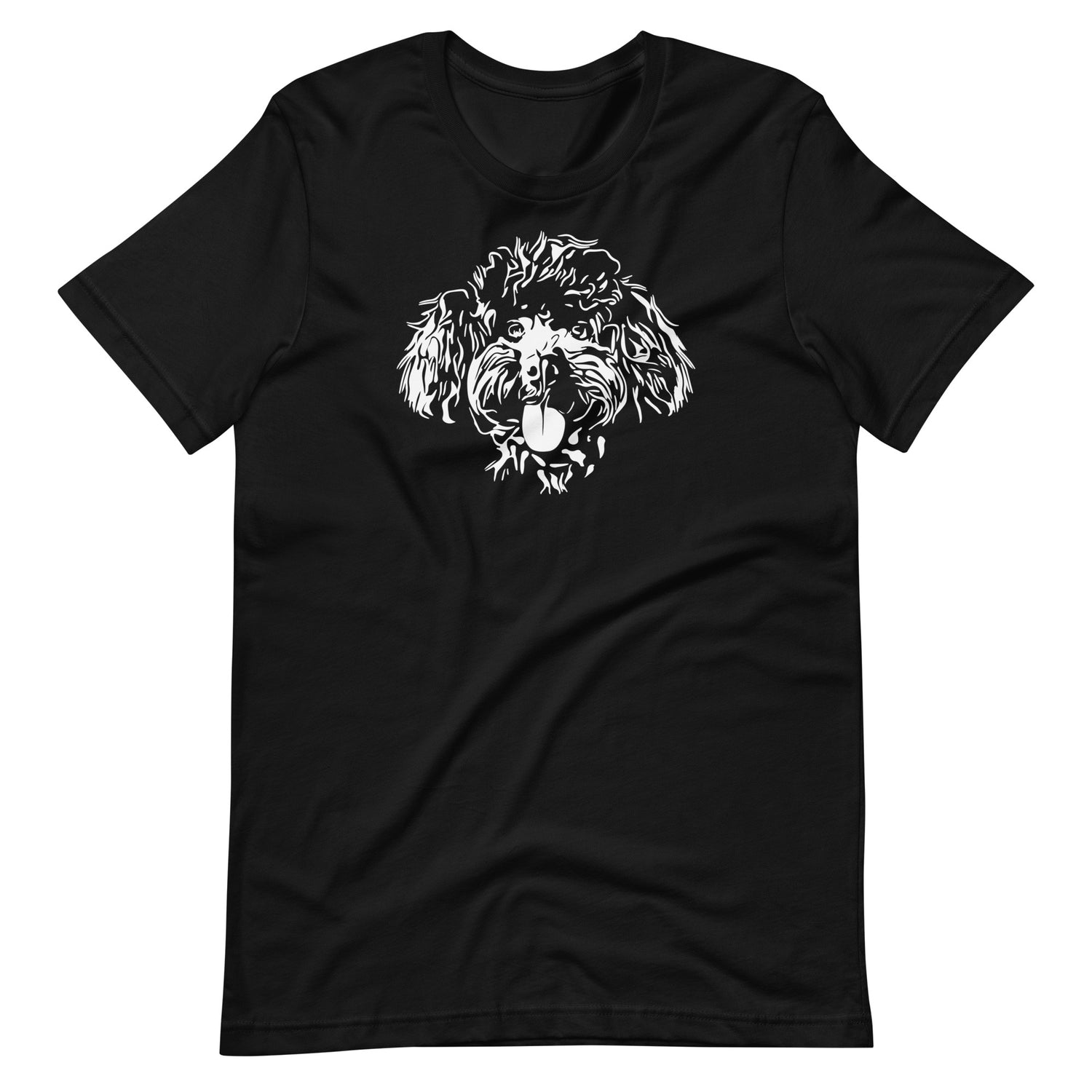 White high contrast curly poodle dog head silhouette art printed on a black unisex t-shirt front view