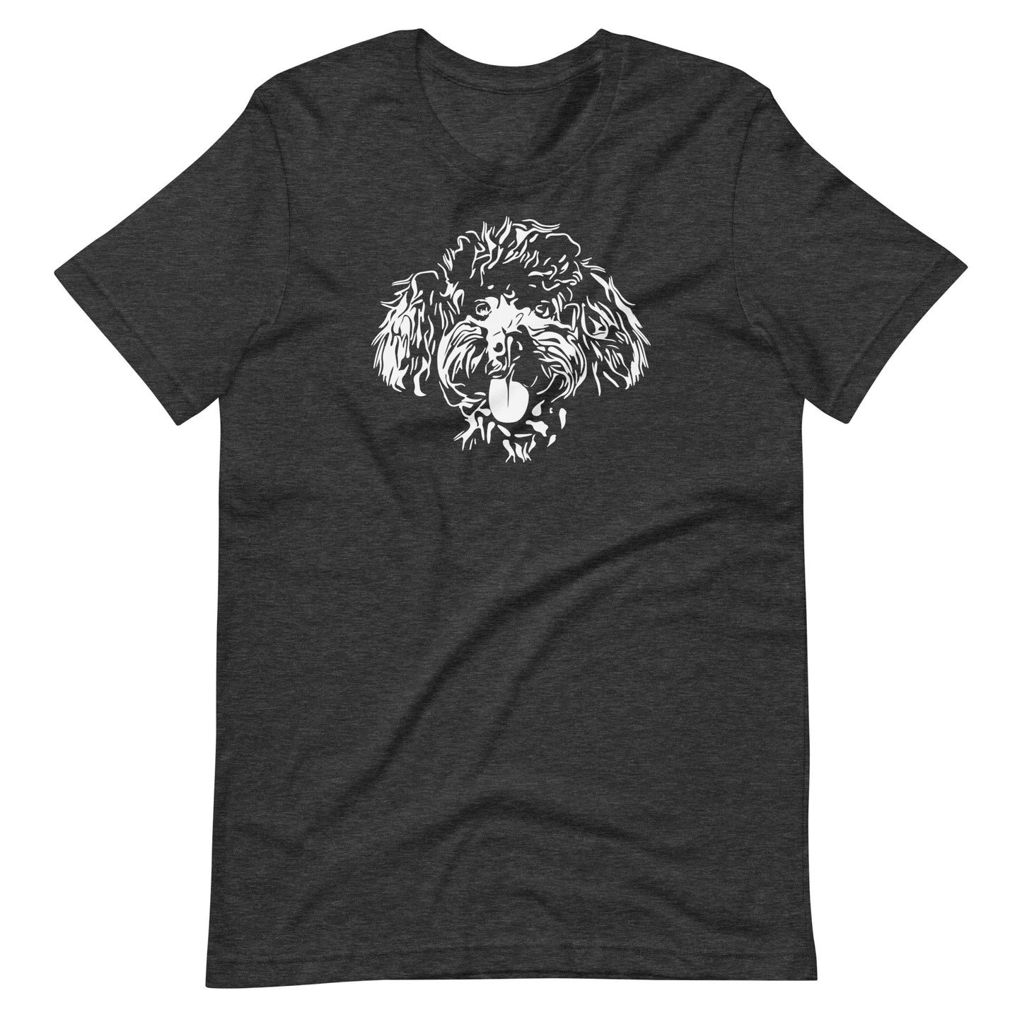 White high contrast curly poodle dog head silhouette art printed on a dark gray unisex t-shirt front view