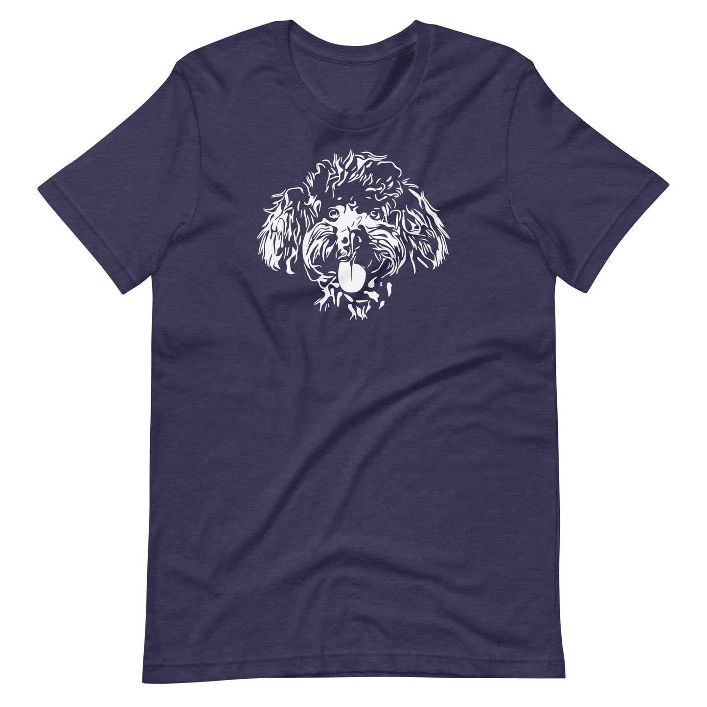 White high contrast curly poodle dog head silhouette art printed on a midnight blue unisex t-shirt front view