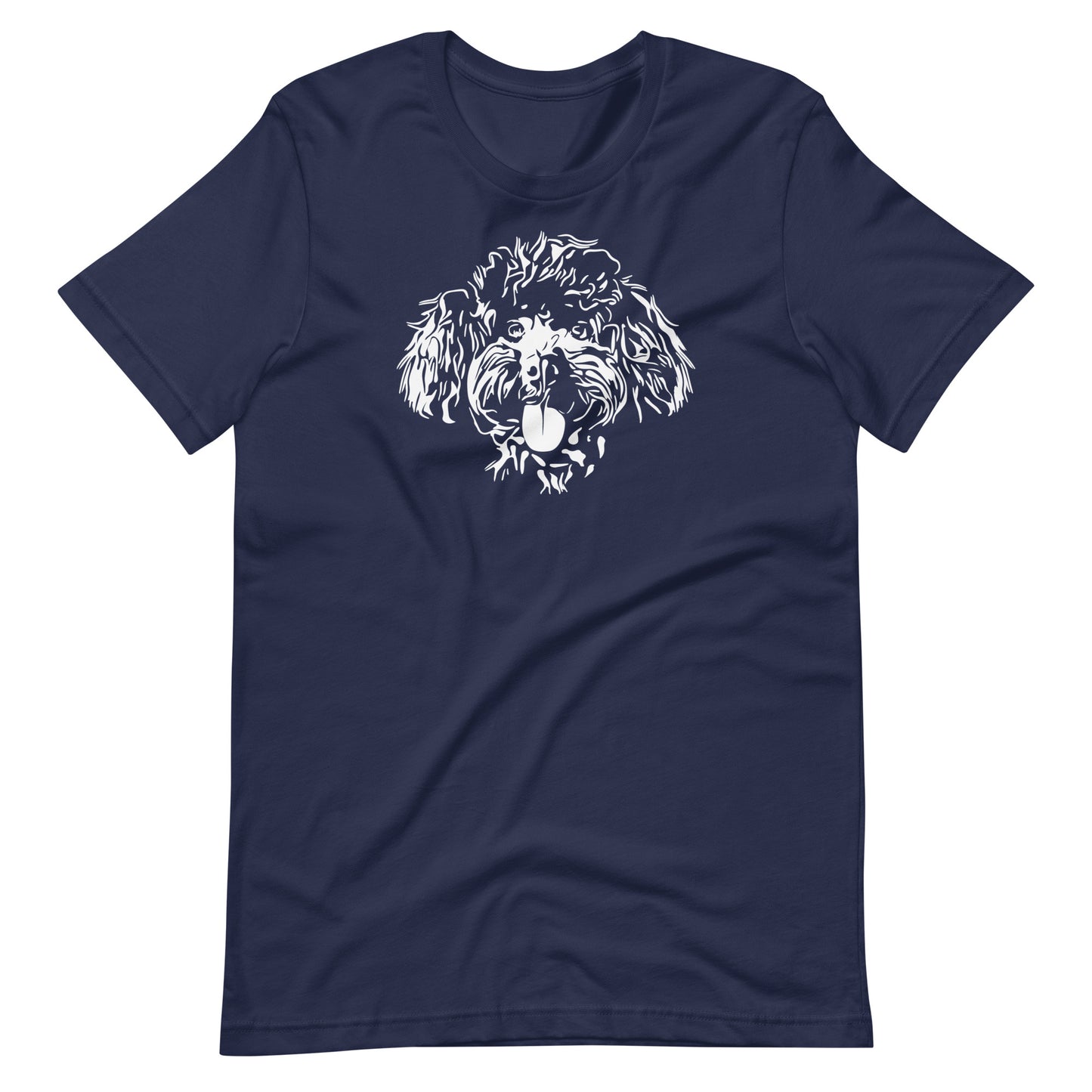 White high contrast curly poodle dog head silhouette art printed on a navy blue unisex t-shirt front view