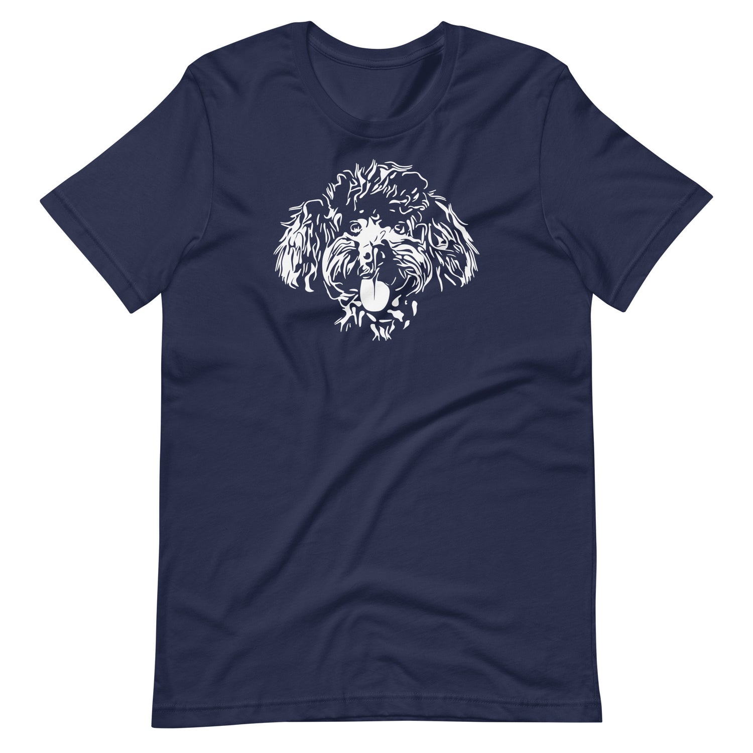 White high contrast curly poodle dog head silhouette art printed on a navy blue unisex t-shirt front view