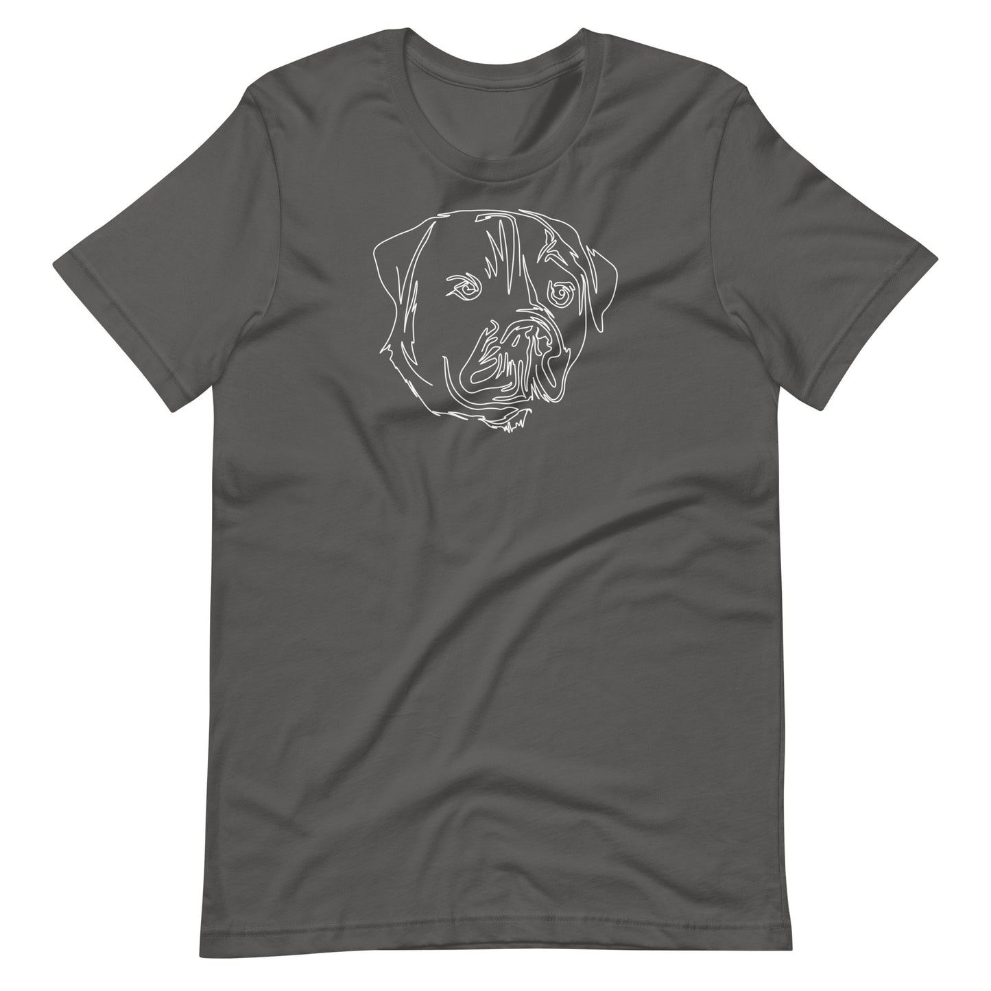 White minimalist line art rottweiler dog portrait printed on an asphalt gray unisex t-shirt front view