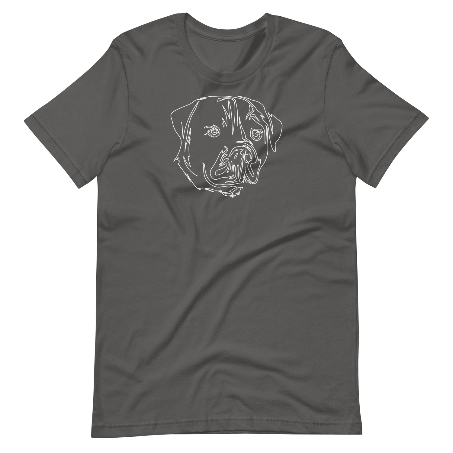 White minimalist line art rottweiler dog portrait printed on an asphalt gray unisex t-shirt front view